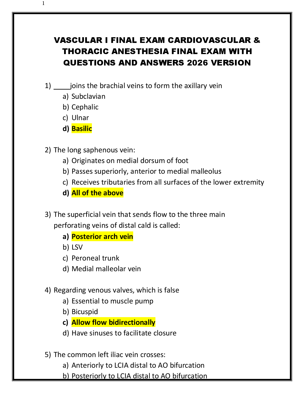 Preview of VASCULAR I FINAL EXAM CARDIOVASCULAR &  THORACIC ANESTHESIA FINAL EXAM WITH  QUESTIONS AND ANSWERS 2026 VERSION