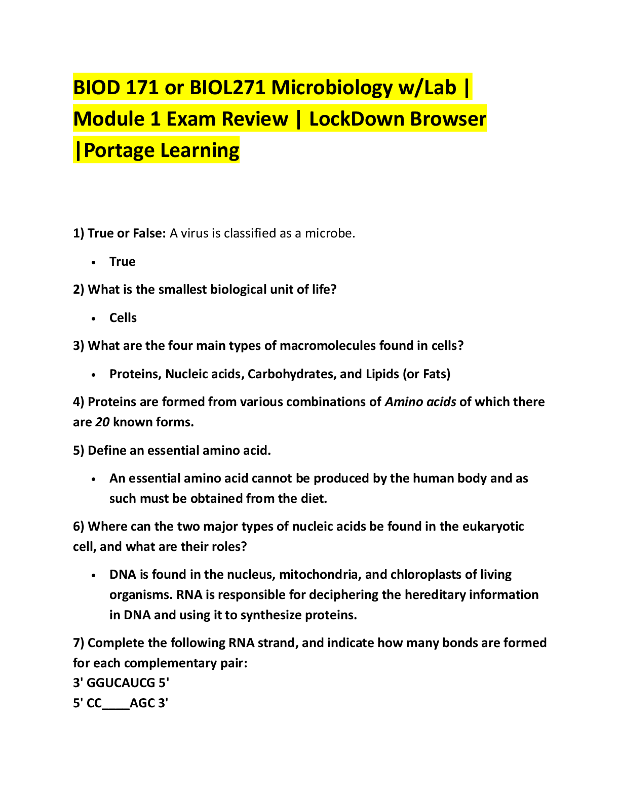 Recommended document preview for BIOD 171 or BIOL271 Microbiology w/Lab |  Module 1 Exam Review | LockDown Browser  |Portage Learning