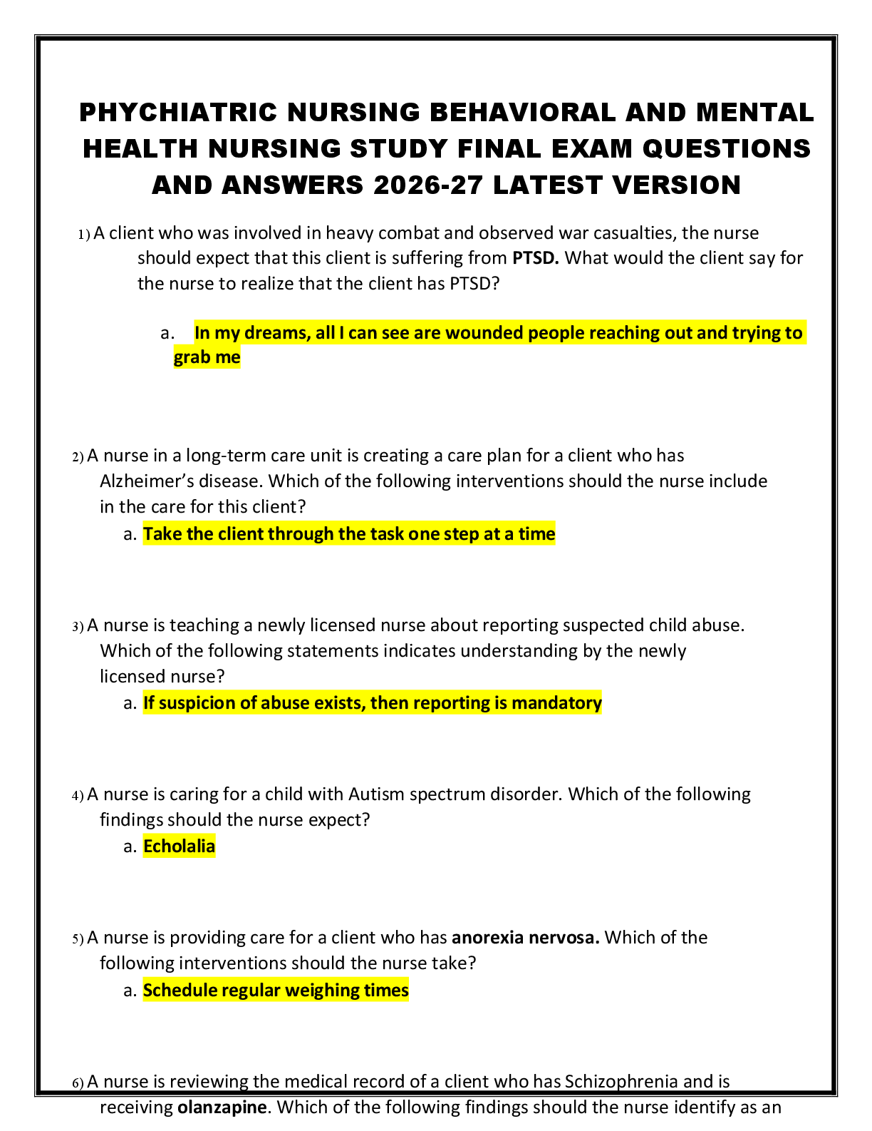 Preview of PHYCHIATRIC NURSING BEHAVIORAL AND MENTAL  HEALTH NURSING STUDY FINAL EXAM QUESTIONS  AND ANSWERS 2026-27 LATEST VERSION
