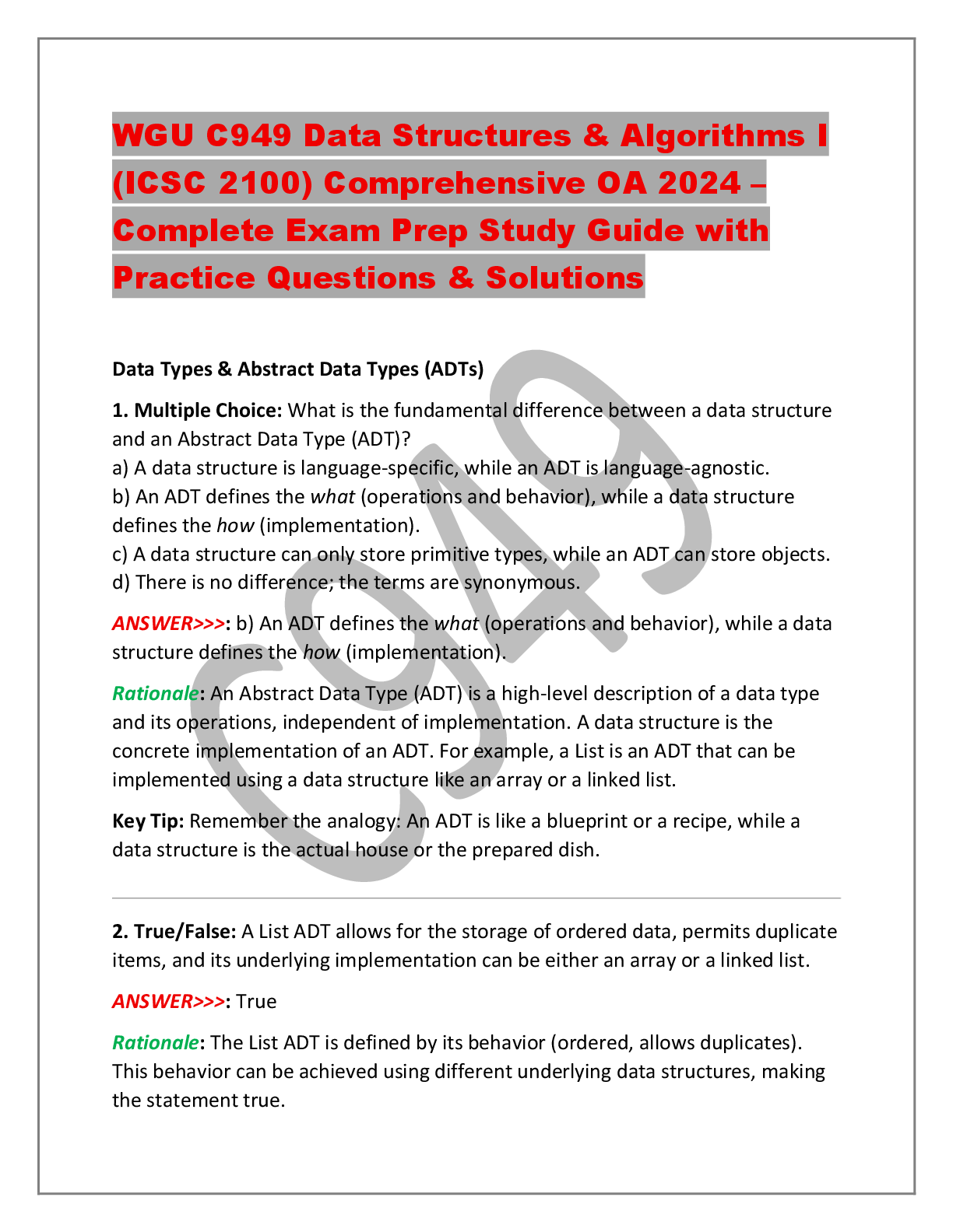 Recommended document preview for WGU C949 Data Structures & Algorithms I (ICSC 2100) Comprehensive OA 2024 – Complete Exam Prep Study Guide with Practice Questions & Solutions