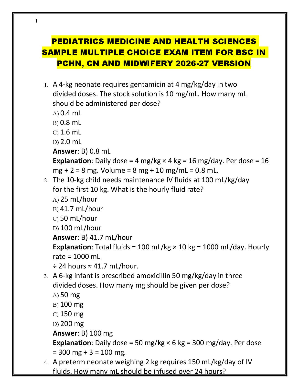 Preview of PEDIATRICS MEDICINE AND HEALTH SCIENCES  SAMPLE MULTIPLE CHOICE EXAM ITEM FOR BSC IN  PCHN, CN AND MIDWIFERY 2026-27 VERSION