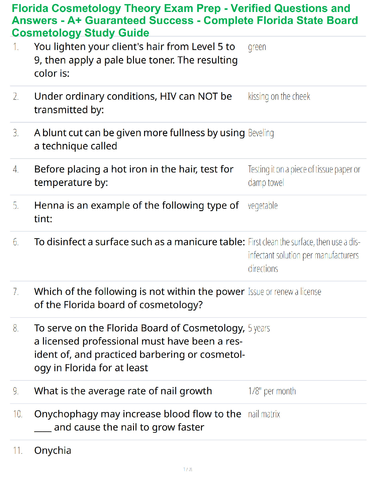 Recommended document preview for Florida Cosmetology Theory Exam Prep - Verified Questions and Answers - A+ Guaranteed Success - Complete Florida State Board Cosmetology Study Guide