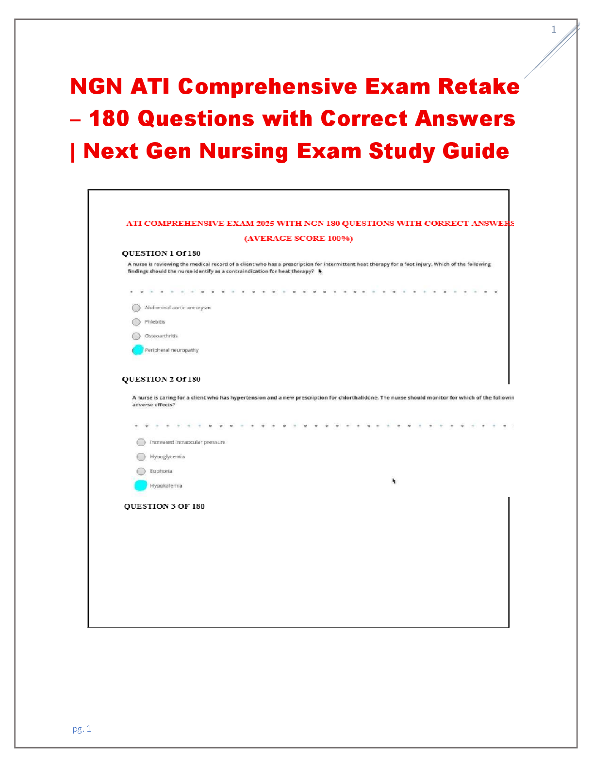 Preview of NGN Comprehensive Exam Retake – 180 Questions with Correct Answers | Next Gen Nursing Exam