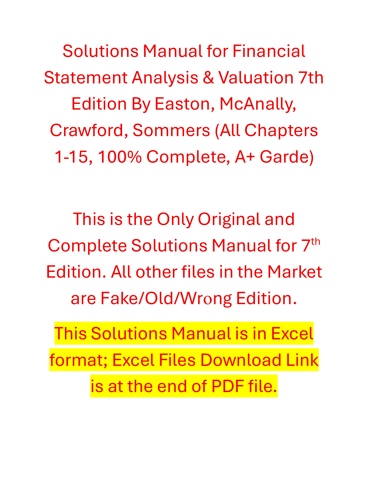 Recommended document preview for Solution Manual Financial Statement Analysis & Valuation 7th Edition By Easton, McAnally, Crawford, Sommers (Cambridge)