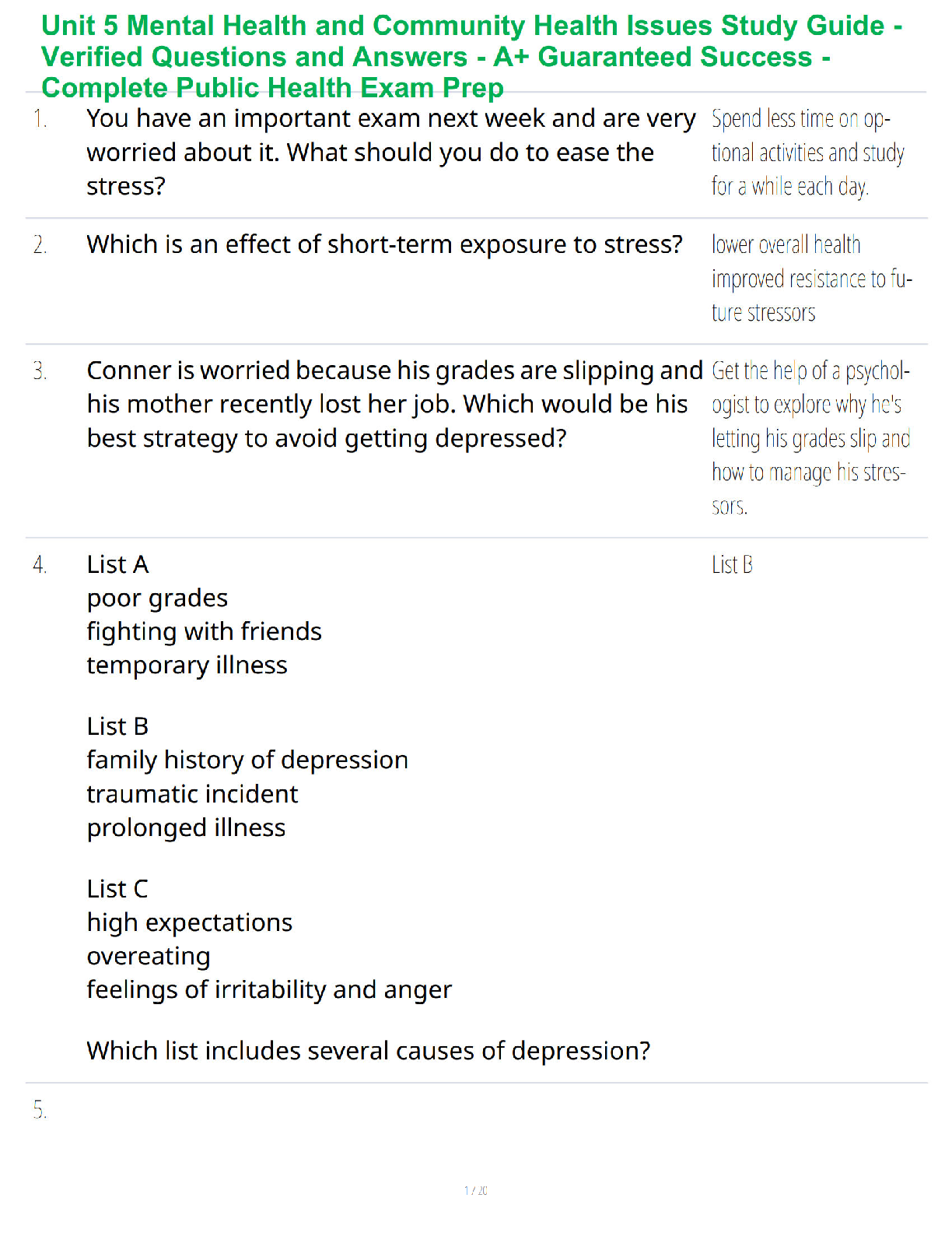 Recommended document preview for Unit 5 Mental Health and Community Health Issues Study Guide - Verified Questions and Answers - A+ Guaranteed Success - Complete Public Health Exam Prep