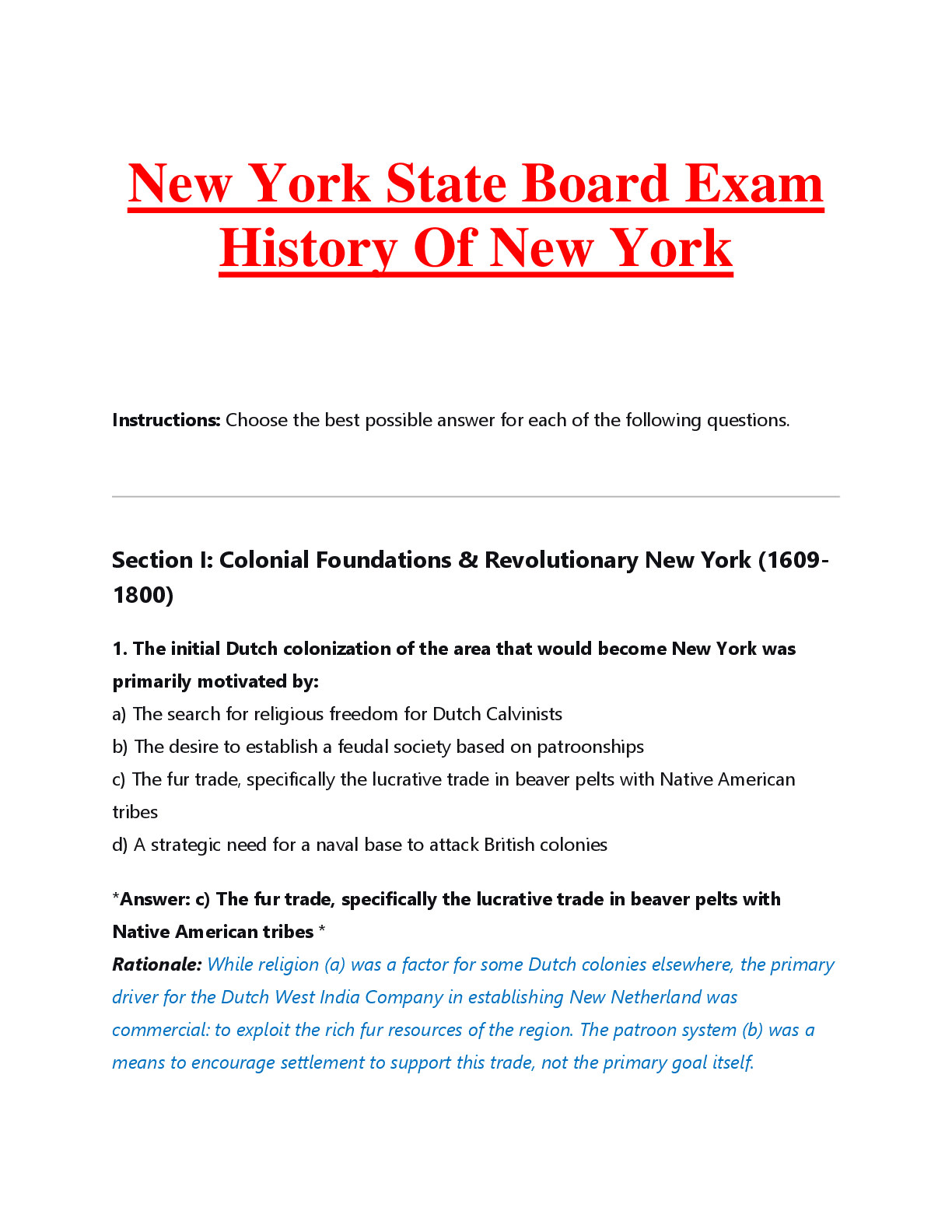 Preview of New York State Board Exam  History Of New York