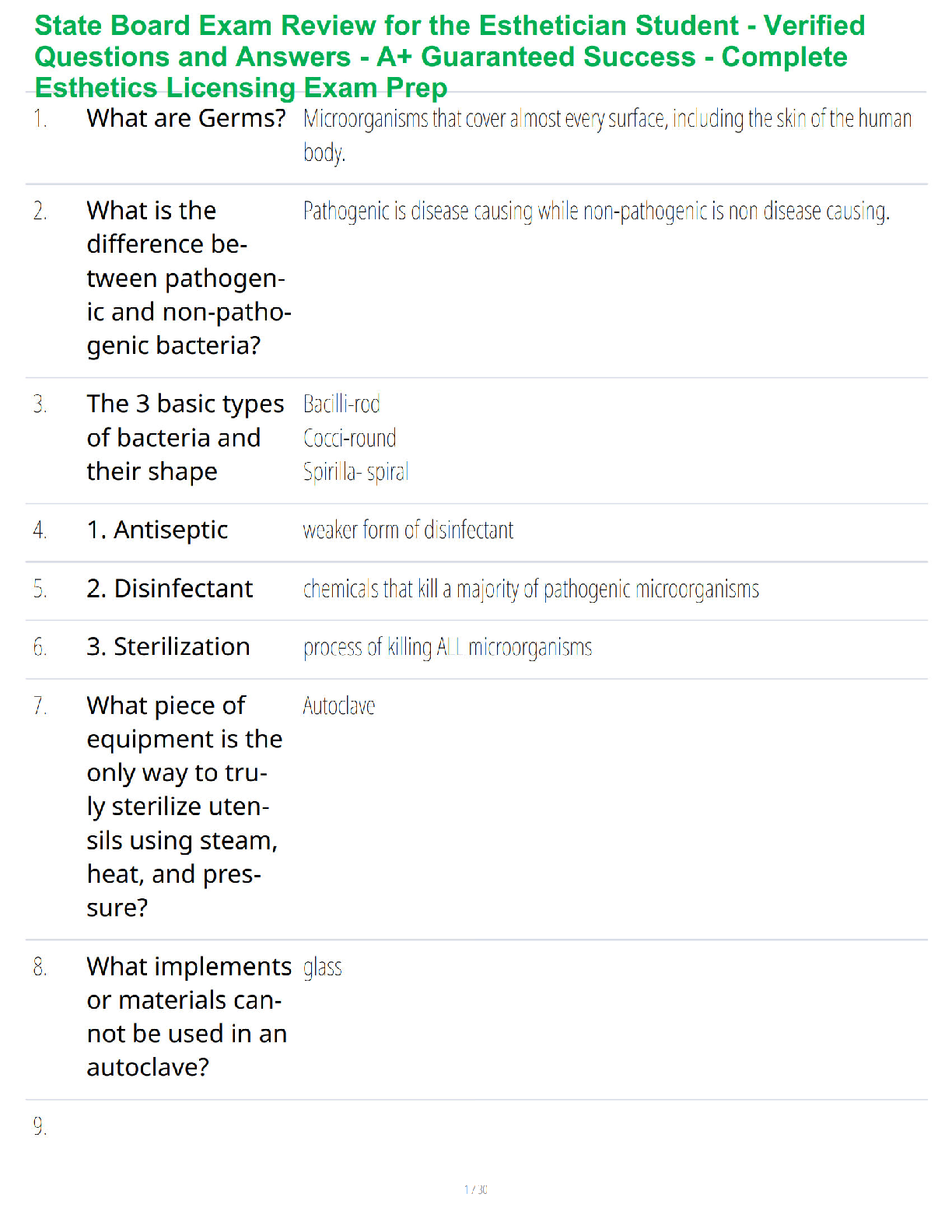 Recommended document preview for State Board Exam Review for the Esthetician Student - Verified Questions and Answers - A+ Guaranteed Success - Complete Esthetics Licensing Exam Prep