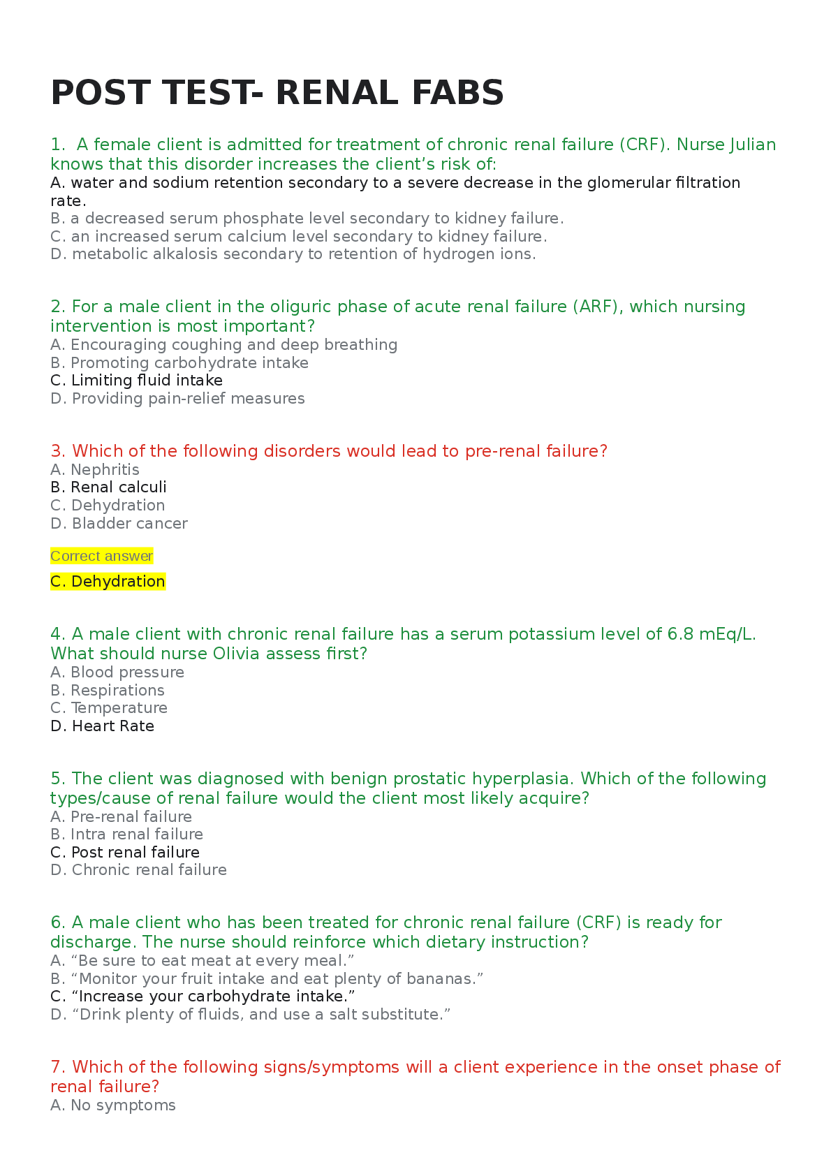 Preview of POST TEST- RENAL FABS - NURSING 104 Exam Questions & Answers