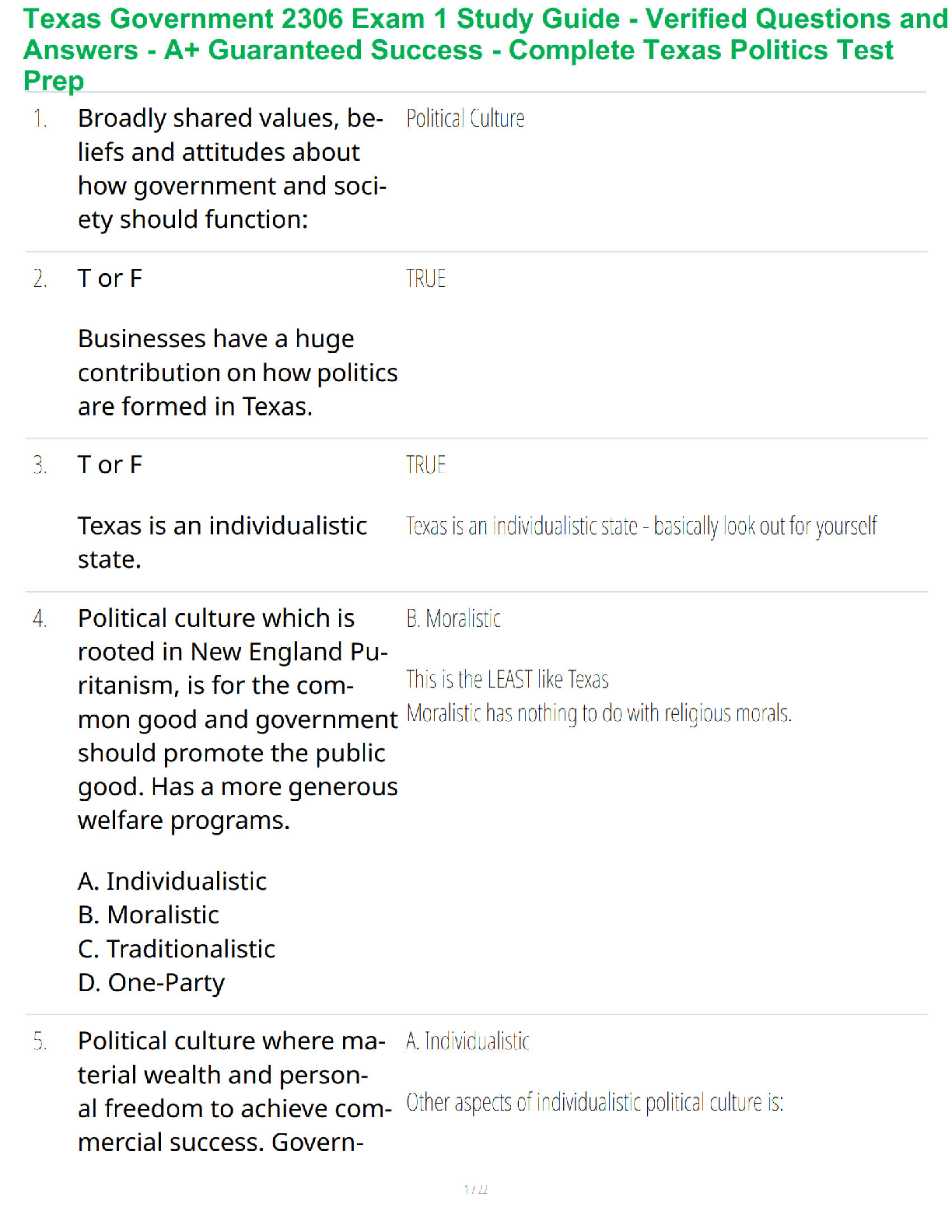 Recommended document preview for Texas Government 2306 Exam 1 Study Guide - Verified Questions and Answers - A+ Guaranteed Success - Complete Texas Politics Test Prep
