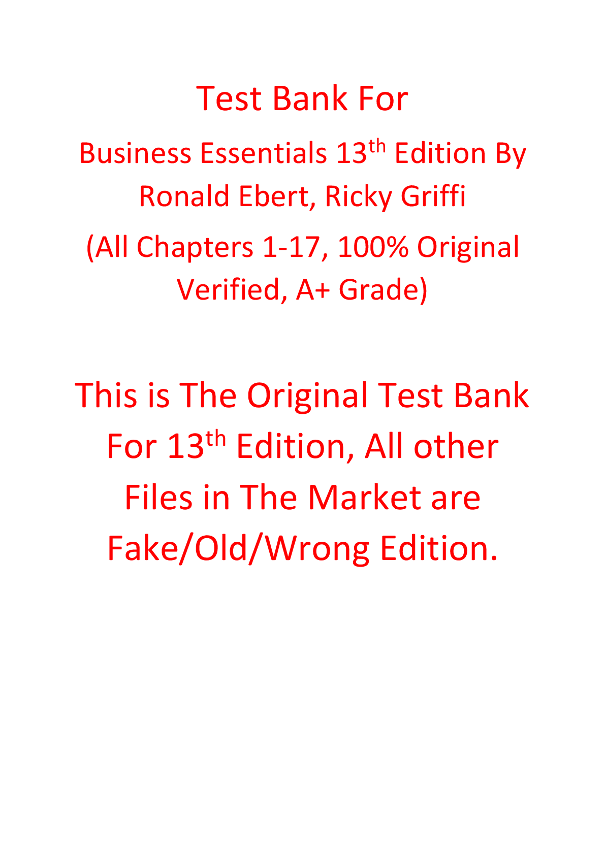 Preview of Test Bank For Business Essentials 13th Edition By Ronald Ebert, Ricky Griffi