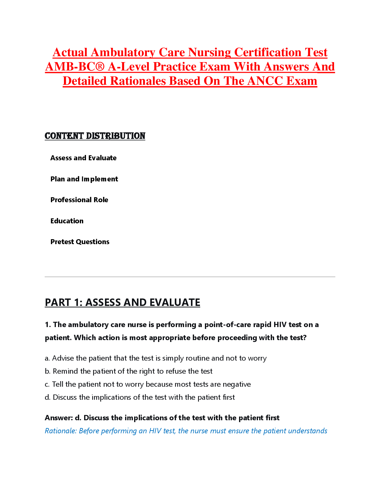 Preview of Actual Ambulatory Care Nursing Certification Test  AMB-BC® A-Level Practice Exam With Answ