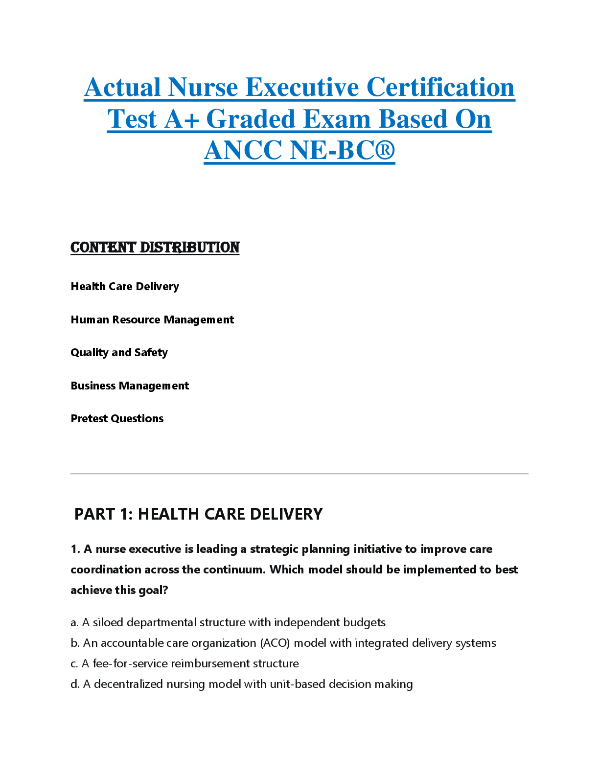 Preview of Actual Nurse Executive Certification  Test A+ Graded Exam Based On  ANCC NE-BC®