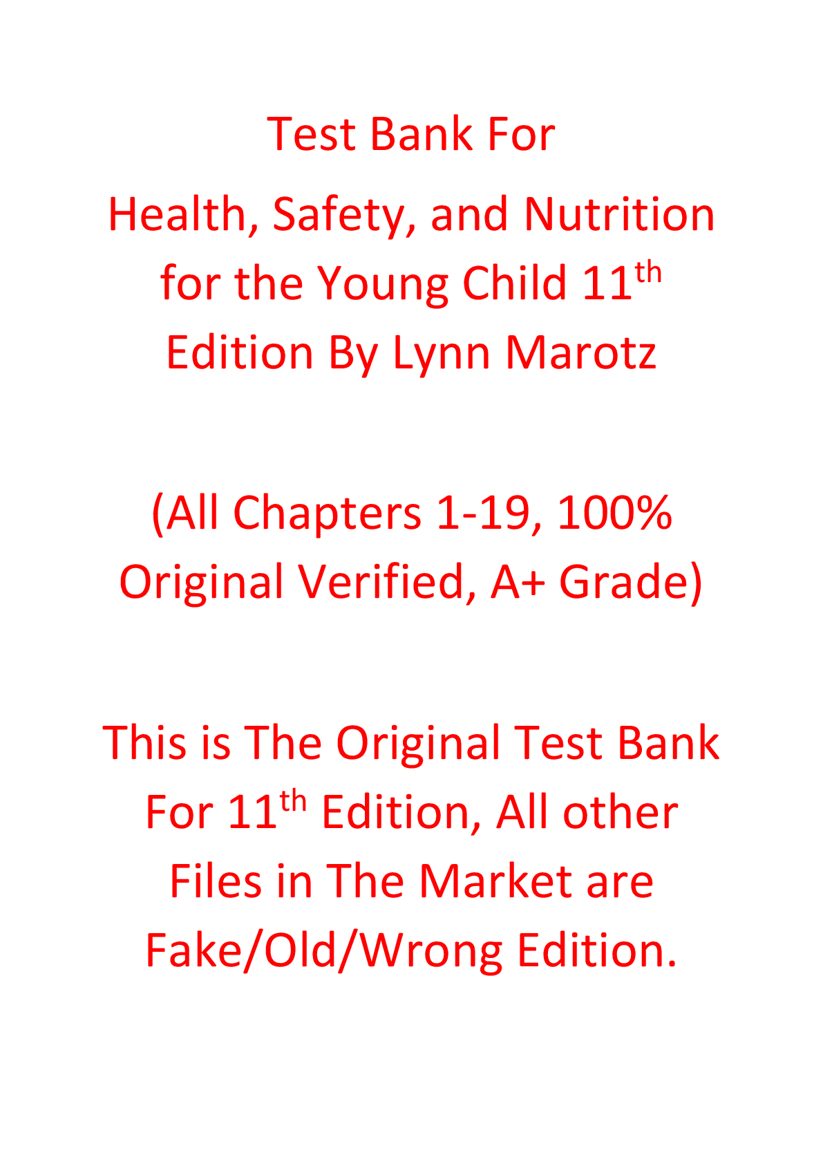 Recommended document preview for Test Bank Health, Safety, and Nutrition for the Young Child 11th Edition By Lynn Marotz
