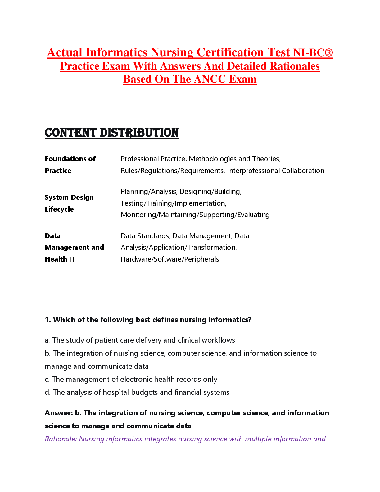 Preview of Actual Informatics Nursing Certification Test NI-BC®  Practice Exam With Answers And Detailed Rationales  Based On The ANCC Exam