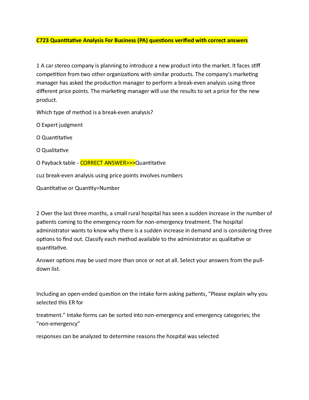 Preview of C723 Quantitative Analysis For Business (PA) questions verified with correct answers