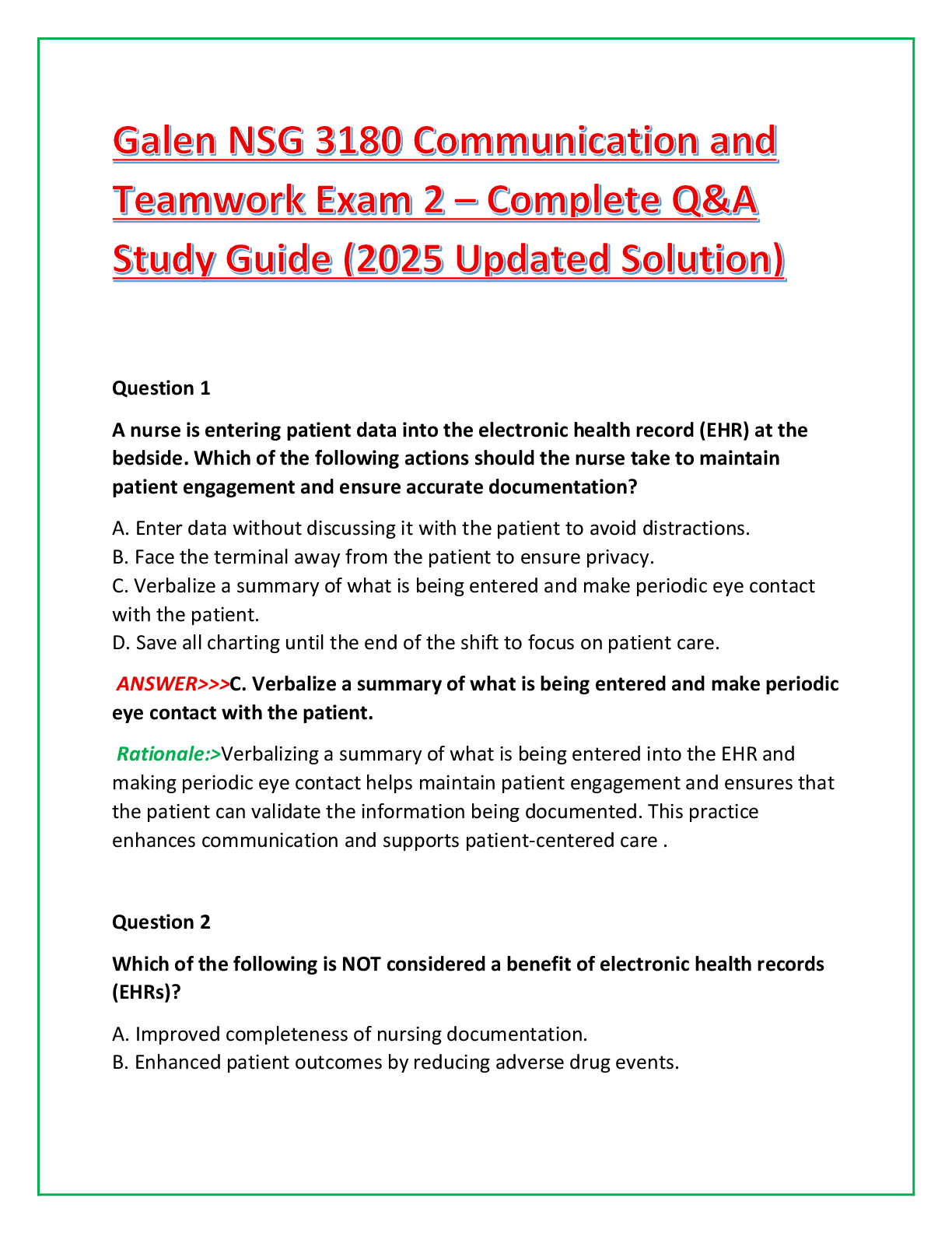 Recommended document preview for Galen NSG 3180 Communication and Teamwork Exam 2 – Complete Q&A Study Guide (2025 Updated Solution)