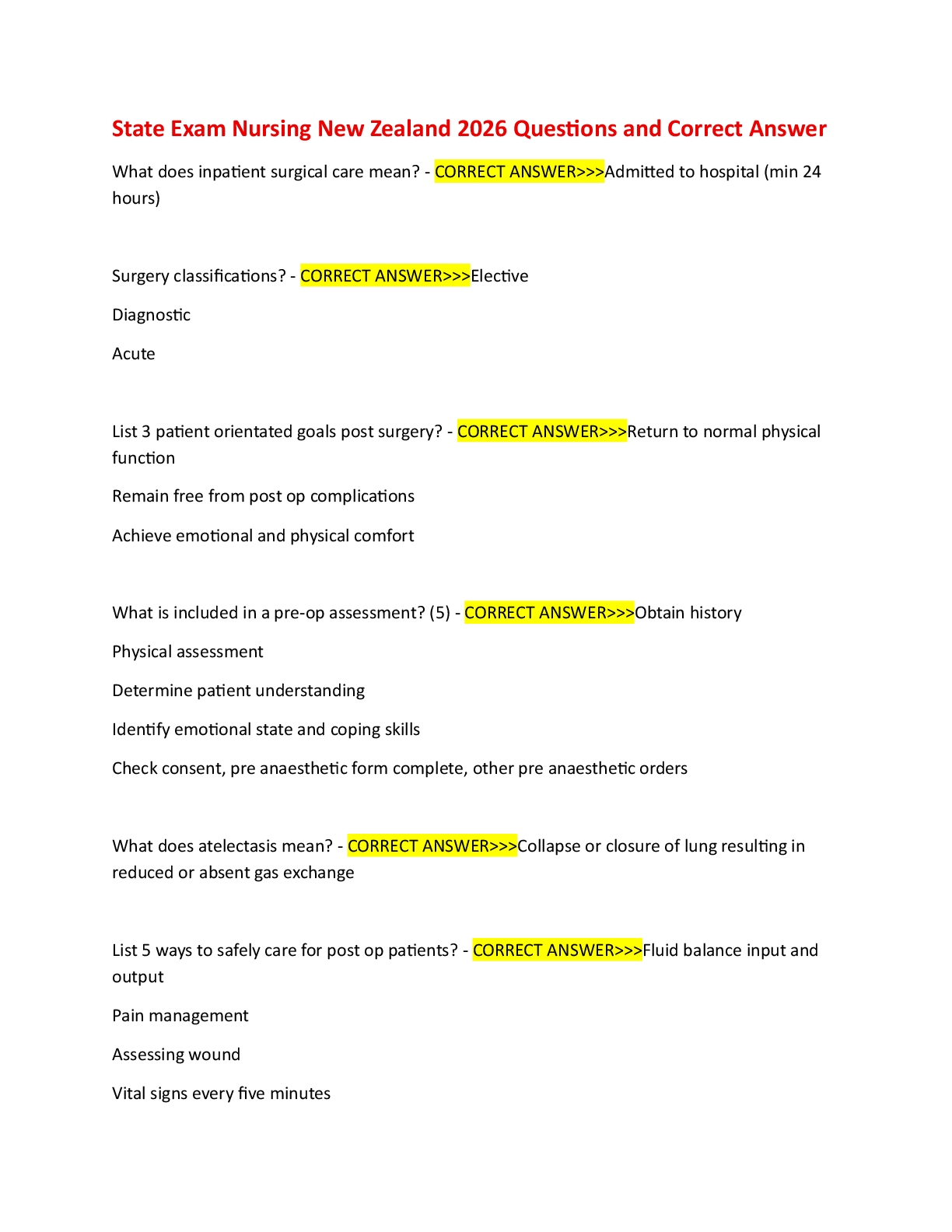 Preview of State Exam Nursing New Zealand 2026 Questions and Correct Answer