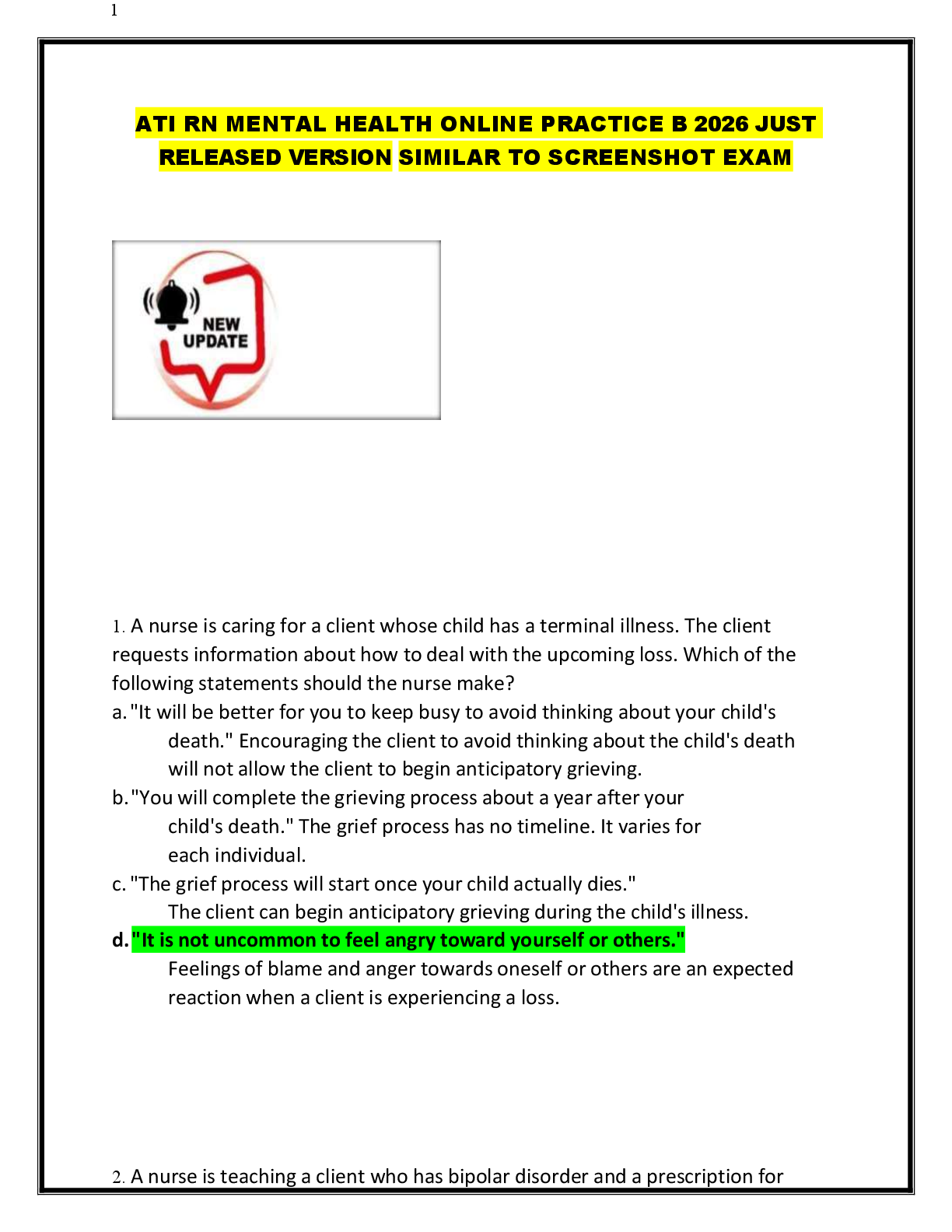 ATI RN MENTAL HEALTH ONLINE PRACTICE B 2026 JUST  RELEASED VERSION SIMILAR TO SCREENSHOT EXAM