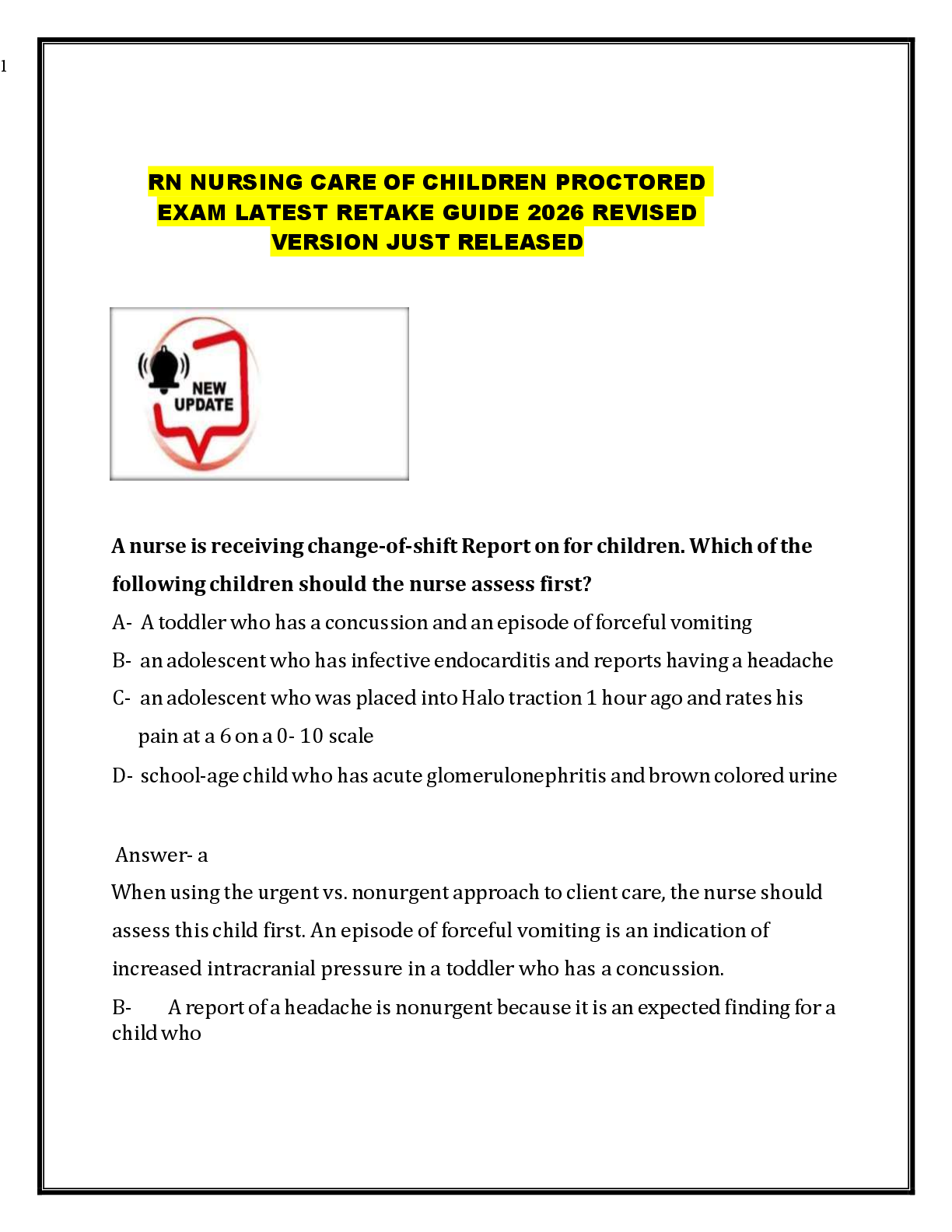 Recommended document preview for RN NURSING CARE OF CHILDREN PROCTORED   EXAM LATEST RETAKE GUIDE 2026 REVISED   VERSION JUST RELEASED