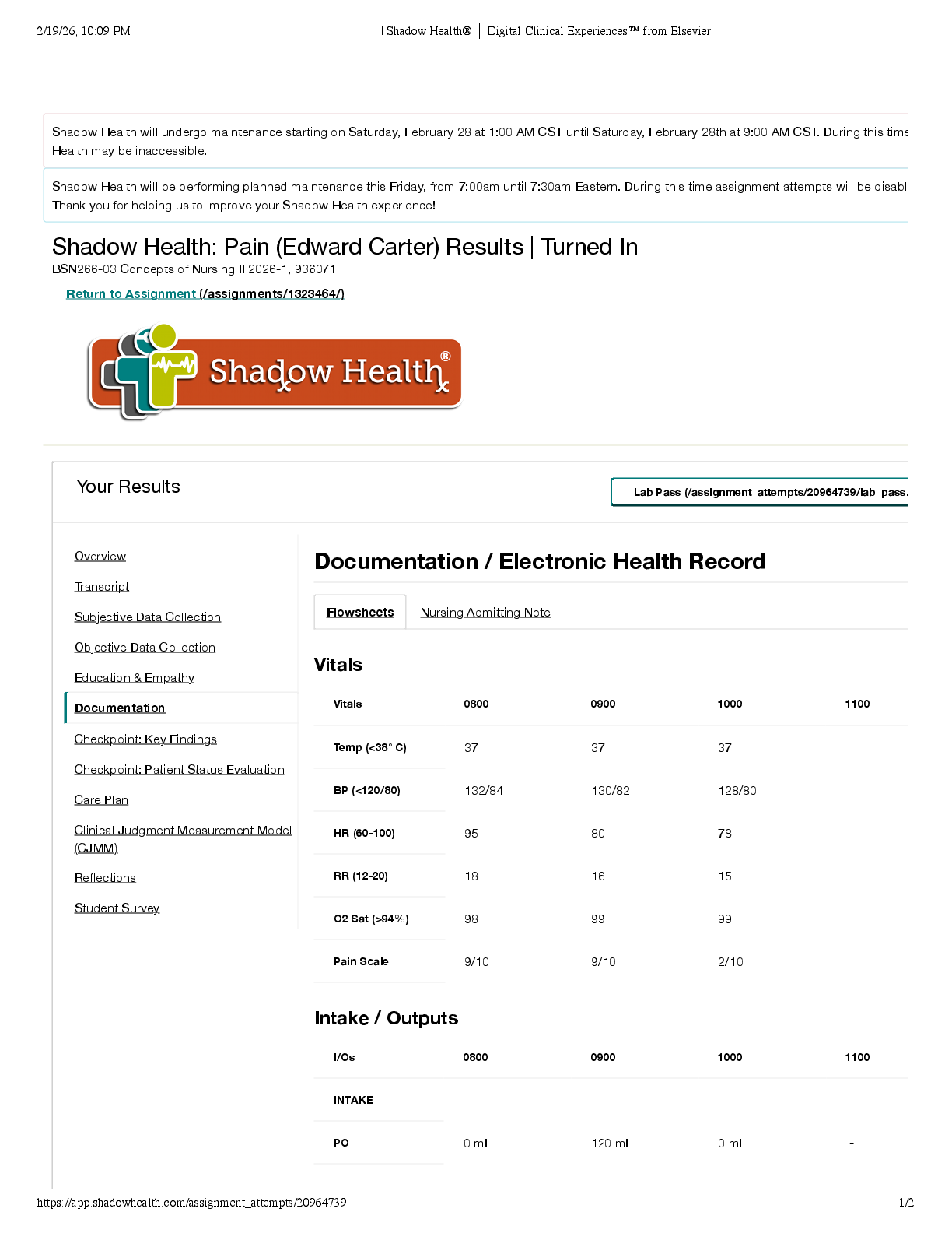 Recommended document preview for Shadow Health: Pain (Edward Carter) Results | Turned In BSN266-03 Concepts of Nursing II 2026-1, 936071- Nightingale College
