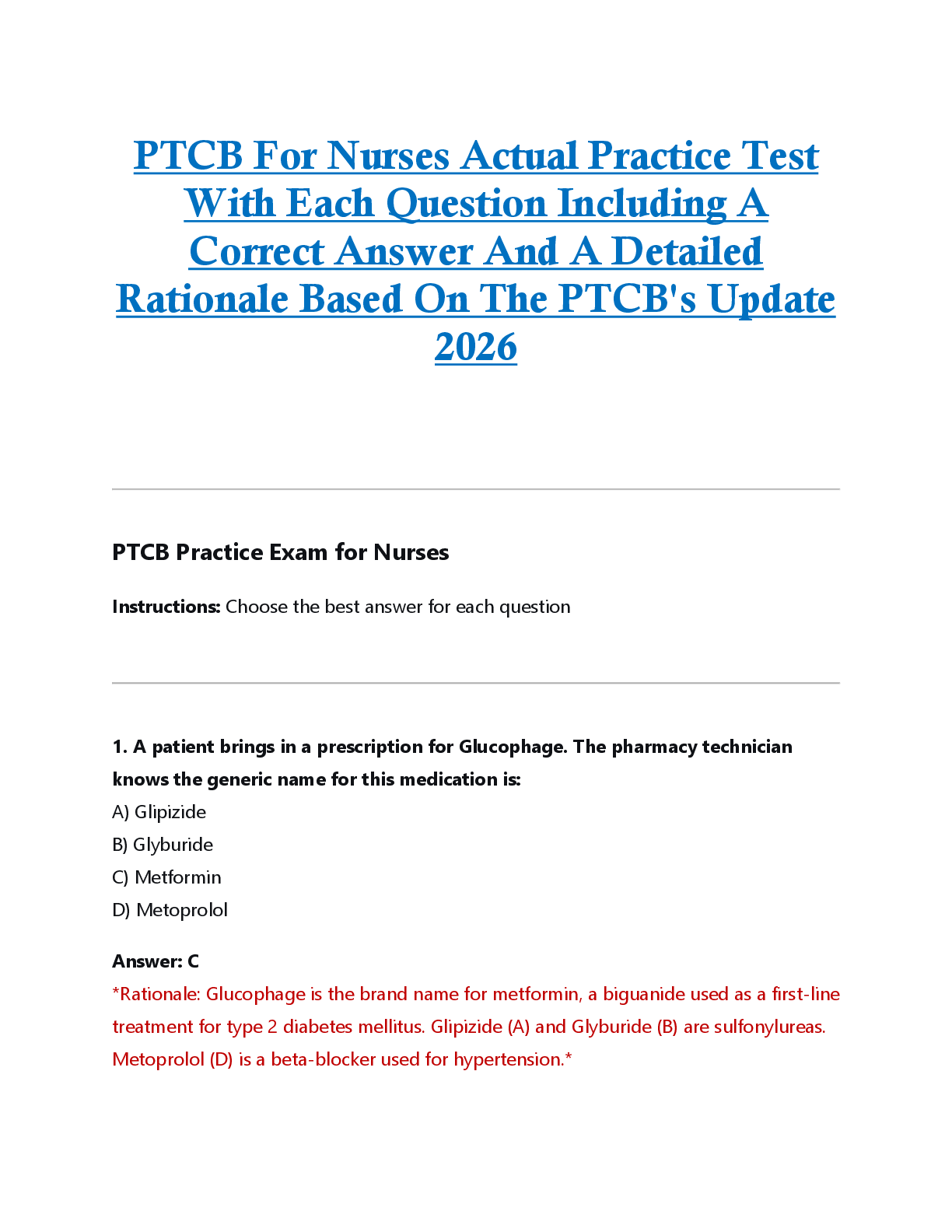 Recommended document preview for PTCB For Nurses Actual Practice Test  With Each Question Including A  Correct Answer And A Detailed  Rationale Based On The PTCB's Update  2026