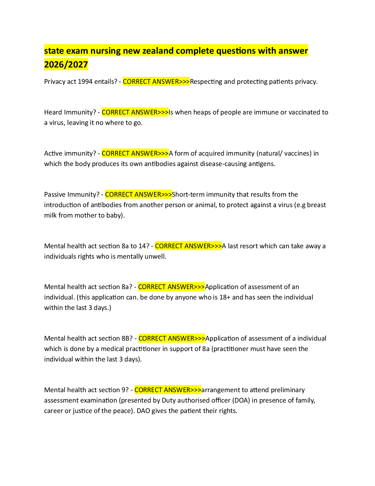 Preview of state exam nursing new zealand complete questions with answer 2026/2027