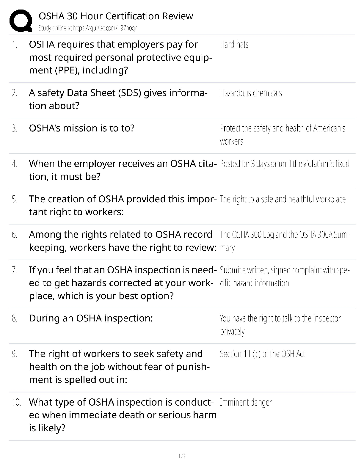 Recommended document preview for OSHA 30 Hour Certification / SAFE 430 Study Guide / Construction General Industry / Score 100%