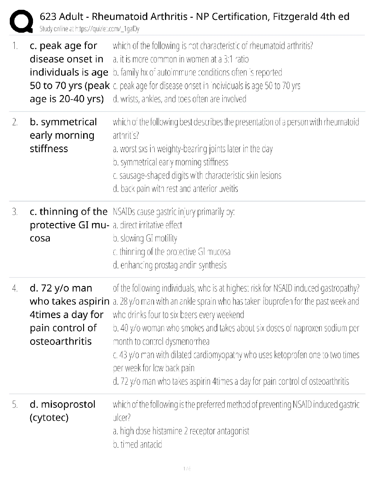Rheumatoid Arthritis NP Certification / NURS 623 Study Guide / Fitzgerald 4th ed / Score 100%