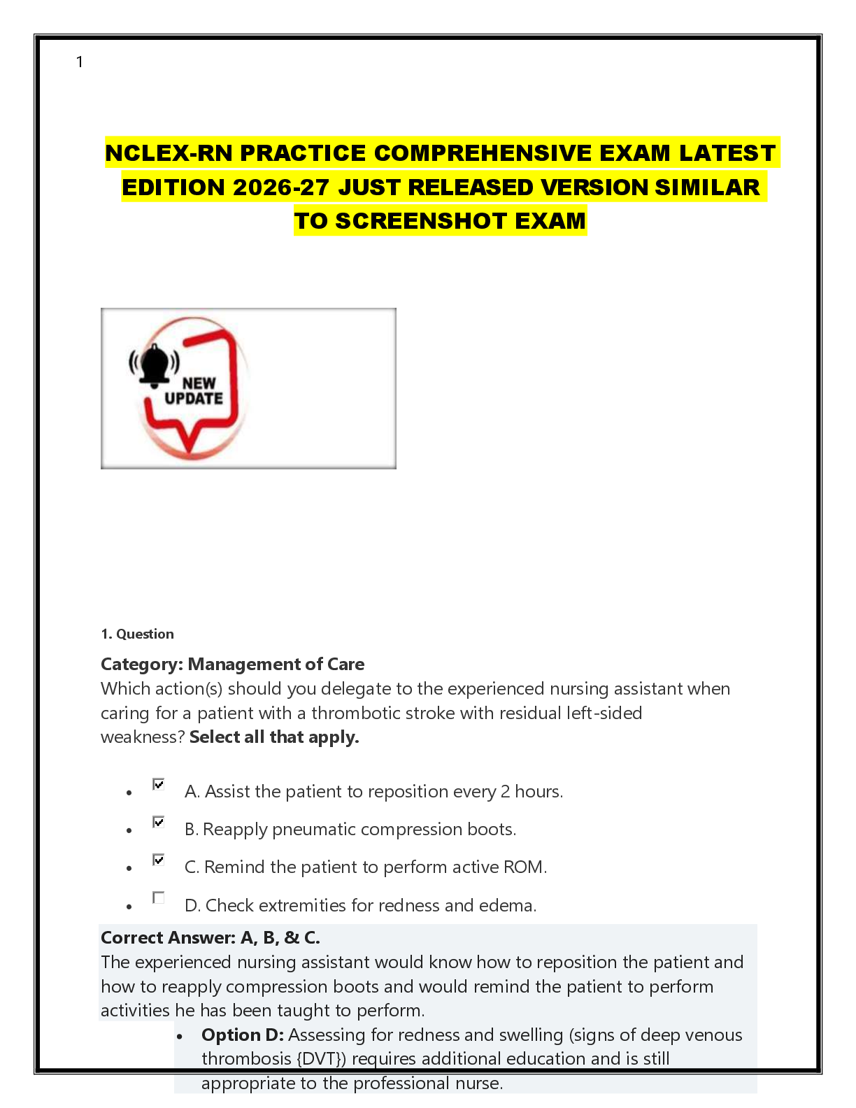 Recommended document preview for NCLEX-RN PRACTICE COMPREHENSIVE EXAM LATEST  EDITION 2026-27 JUST RELEASED VERSION SIMILAR  TO SCREENSHOT EXAM