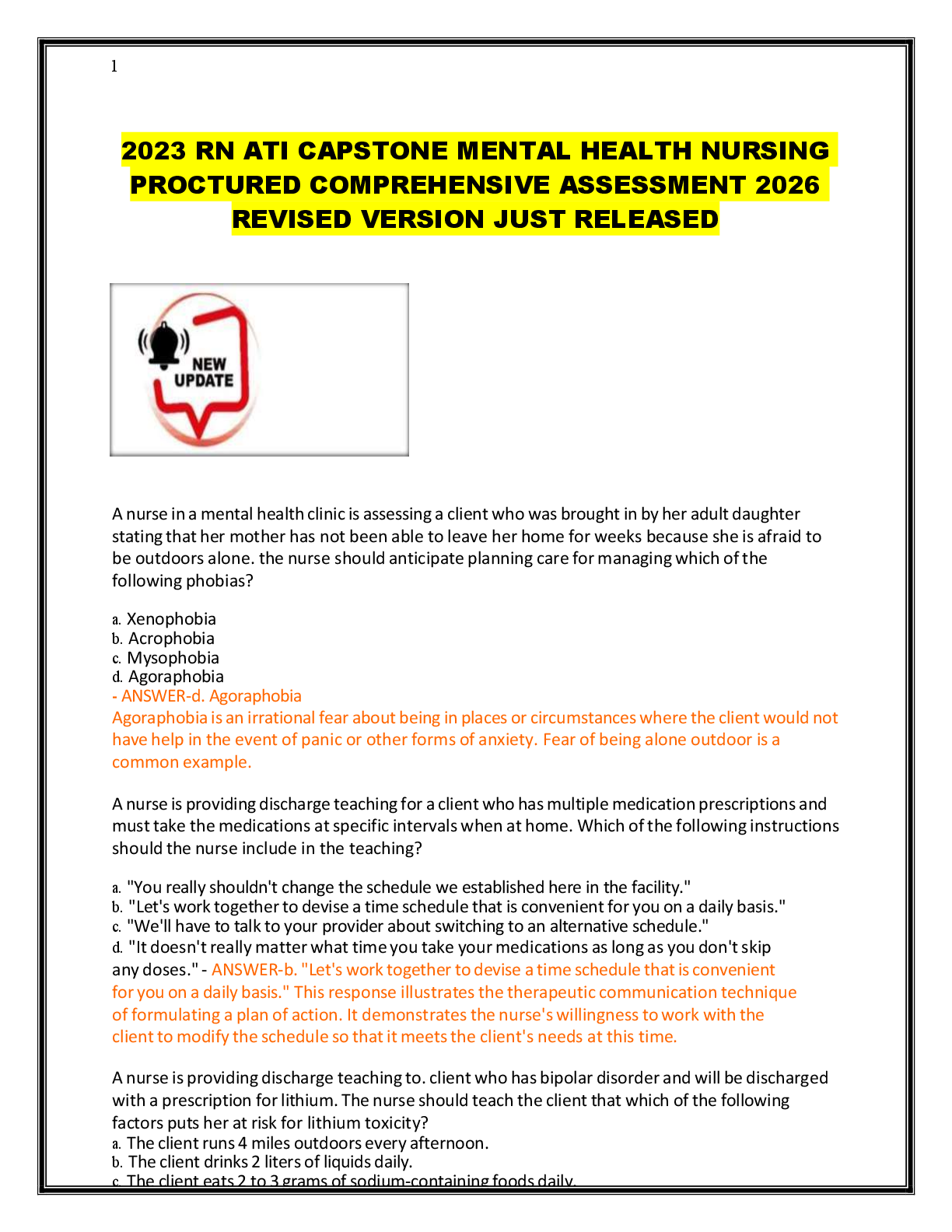Recommended document preview for 2023 RN ATI CAPSTONE MENTAL HEALTH NURSING  PROCTURED COMPREHENSIVE ASSESSMENT 2026  REVISED VERSION JUST RELEASED
