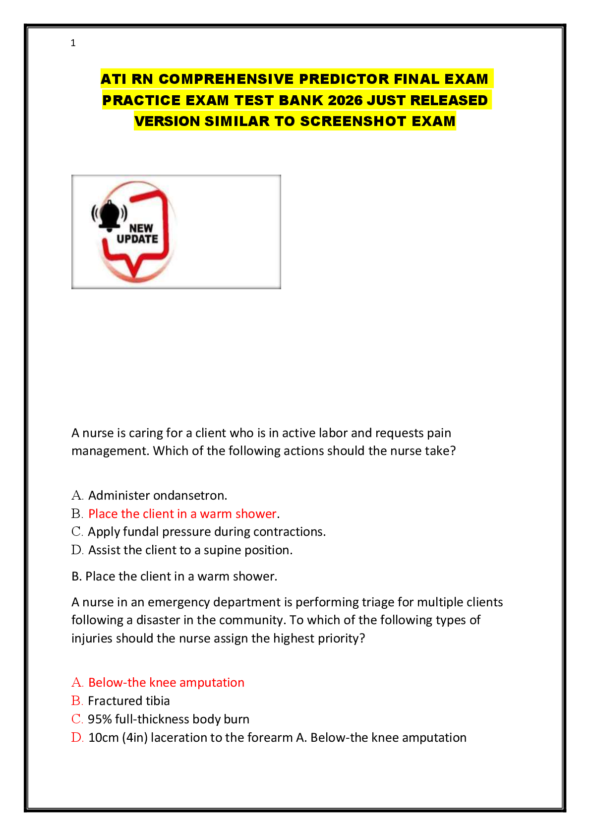 Preview of ATI RN COMPREHENSIVE PREDICTOR FINAL EXAM  PRACTICE EXAM TEST BANK 2026 JUST RELEASED  VERSION SIMILAR TO SCREENSHOT EXAM