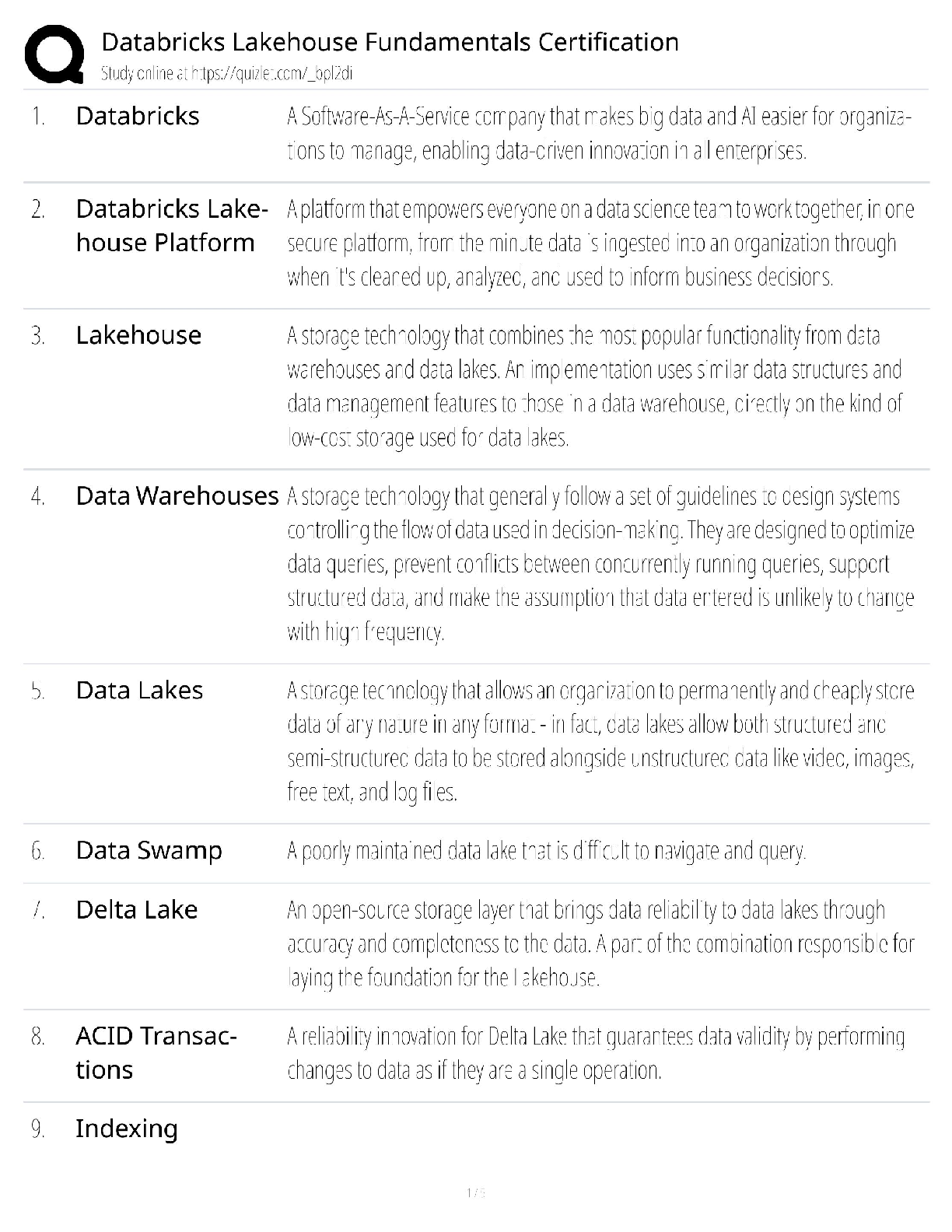 Recommended document preview for Databricks Lakehouse Fundamentals / DATA 310 Study Guide / 2025 Update / Score 100%