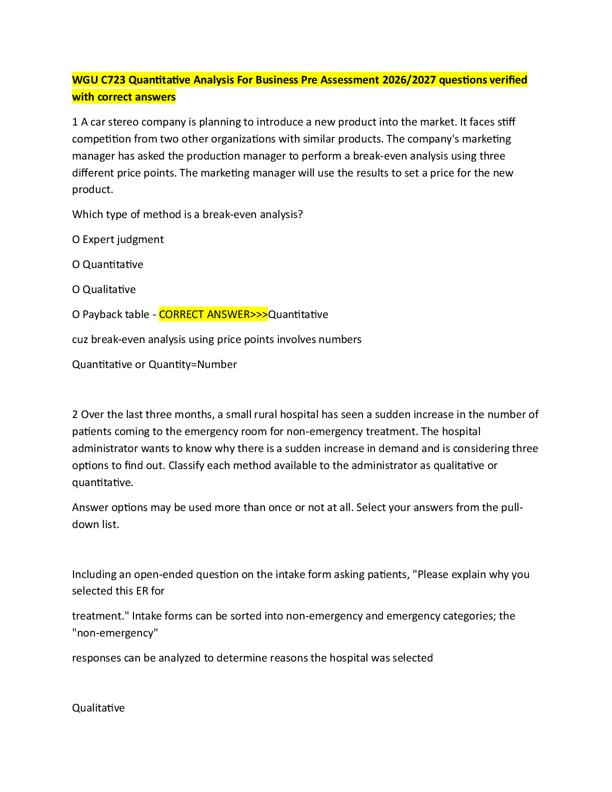 Preview of WGU C723 Quantitative Analysis For Business Pre Assessment 2026/2027 questions verified wi
