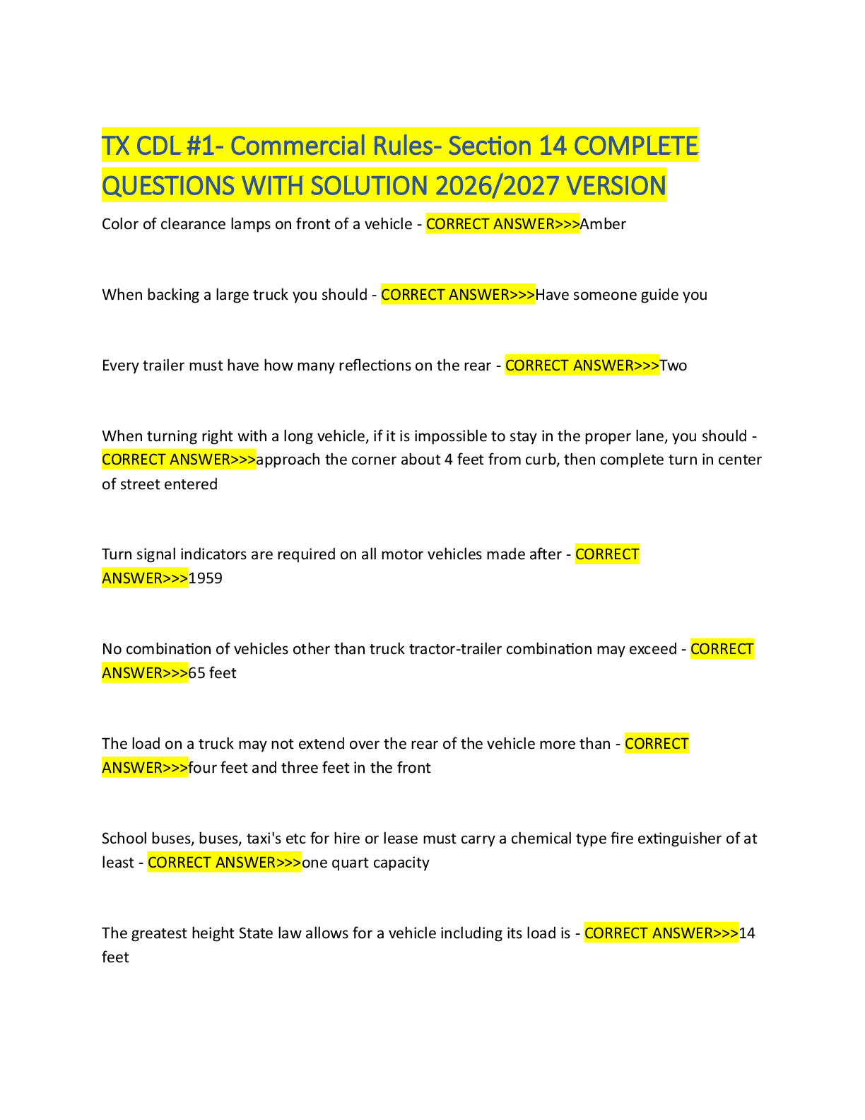 Recommended document preview for TX CDL #1- Commercial Rules- Section 14 COMPLETE QUESTIONS WITH SOLUTION 2026/2027 VERSION