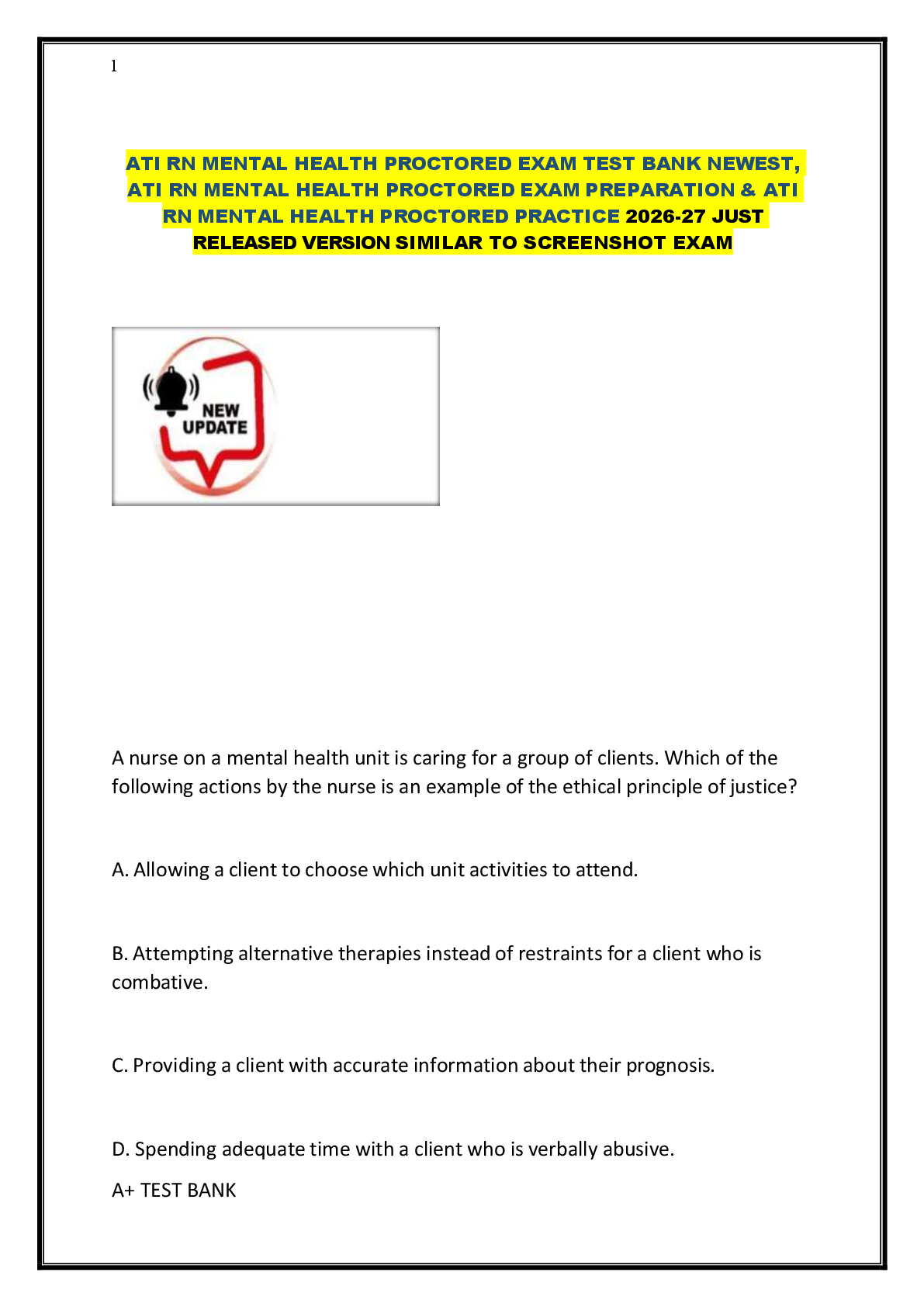 ATI RN MENTAL HEALTH PROCTORED EXAM TEST BANK NEWEST,  ATI RN MENTAL HEALTH PROCTORED EXAM PREPARATION & ATI  RN MENTAL HEALTH PROCTORED PRACTICE 2026-27 JUST  RELEASED VERSION SIMILAR TO SCREENSHOT EXAM