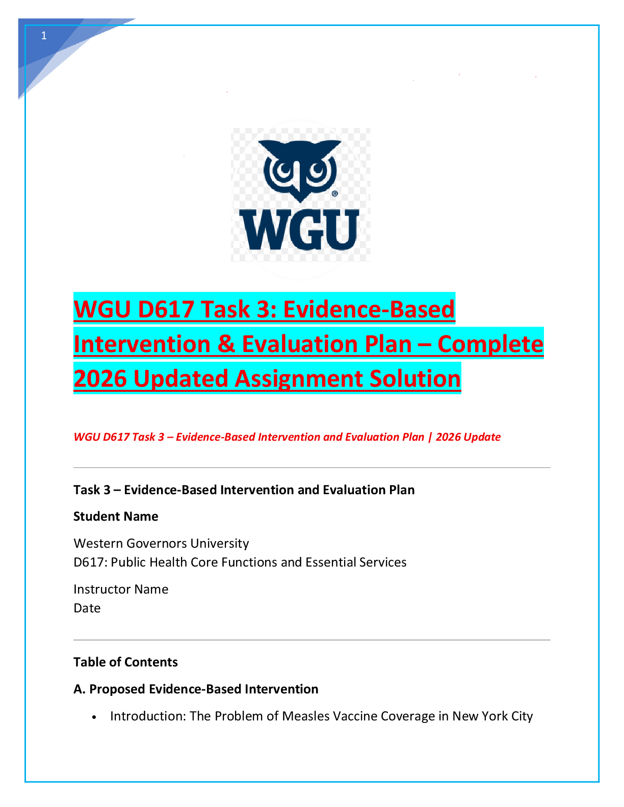 Recommended document preview for WGU D617 Task 3: Evidence-Based Intervention & Evaluation Plan – Complete 2026 Updated Assignment Solution
