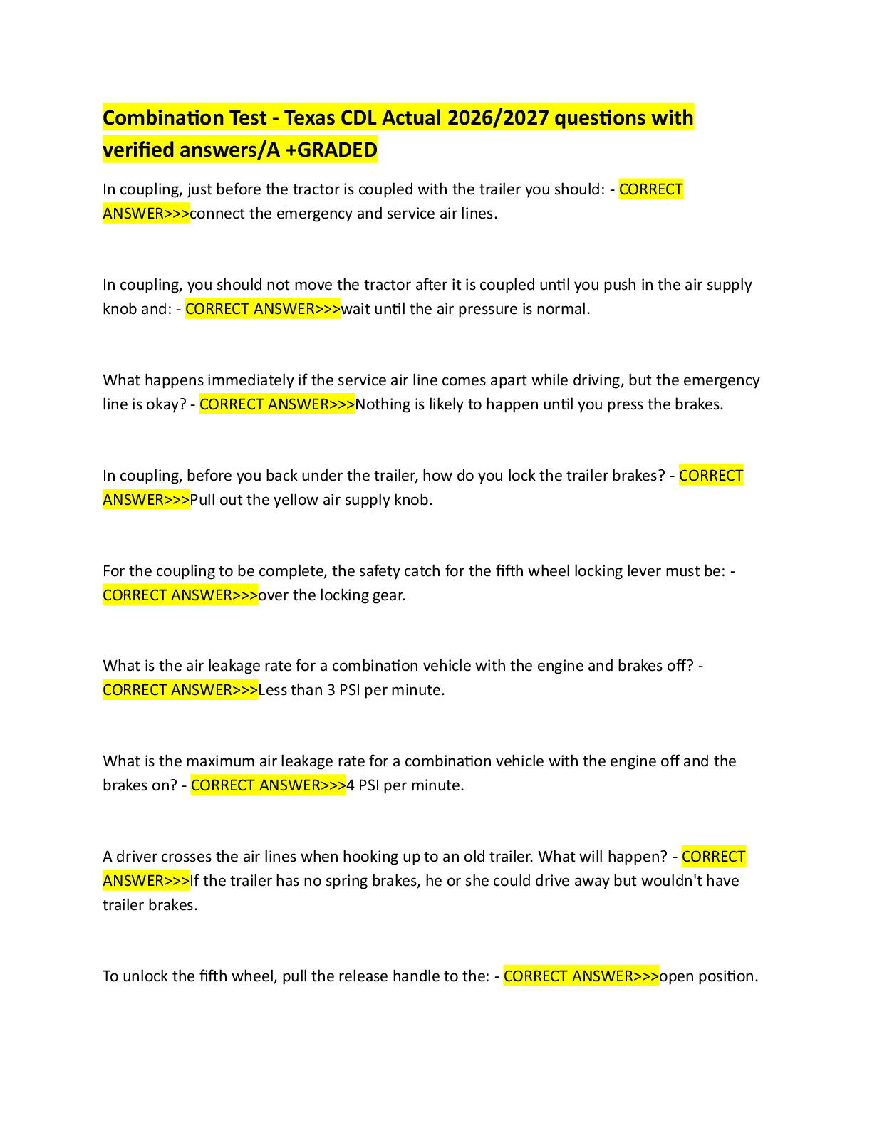 Preview image for Combination Test - Texas CDL Actual 2026/2027 questions with verified answers/A +GRADED