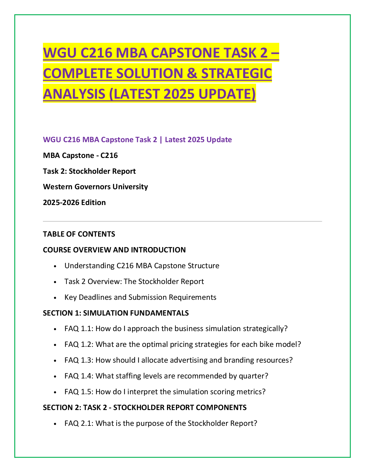 Recommended document preview for WGU C216 MBA CAPSTONE TASK 2 – COMPLETE SOLUTION & STRATEGIC ANALYSIS (LATEST 2025 UPDATE)