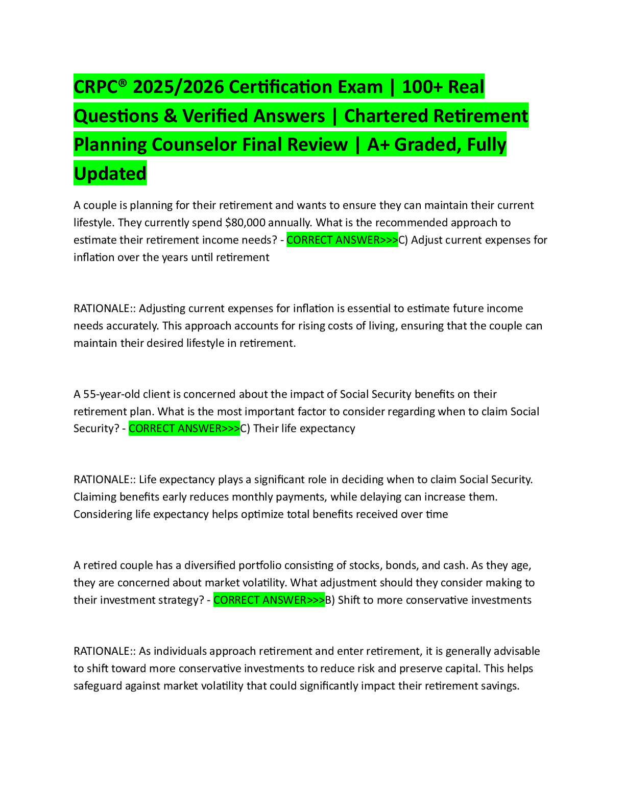Preview image for CRPC® 2025/2026 Certification Exam | 100+ Real Questions & Verified Answers | Chartered Retirement Planning Counselor Final Review | A+ Graded, Fully Updated