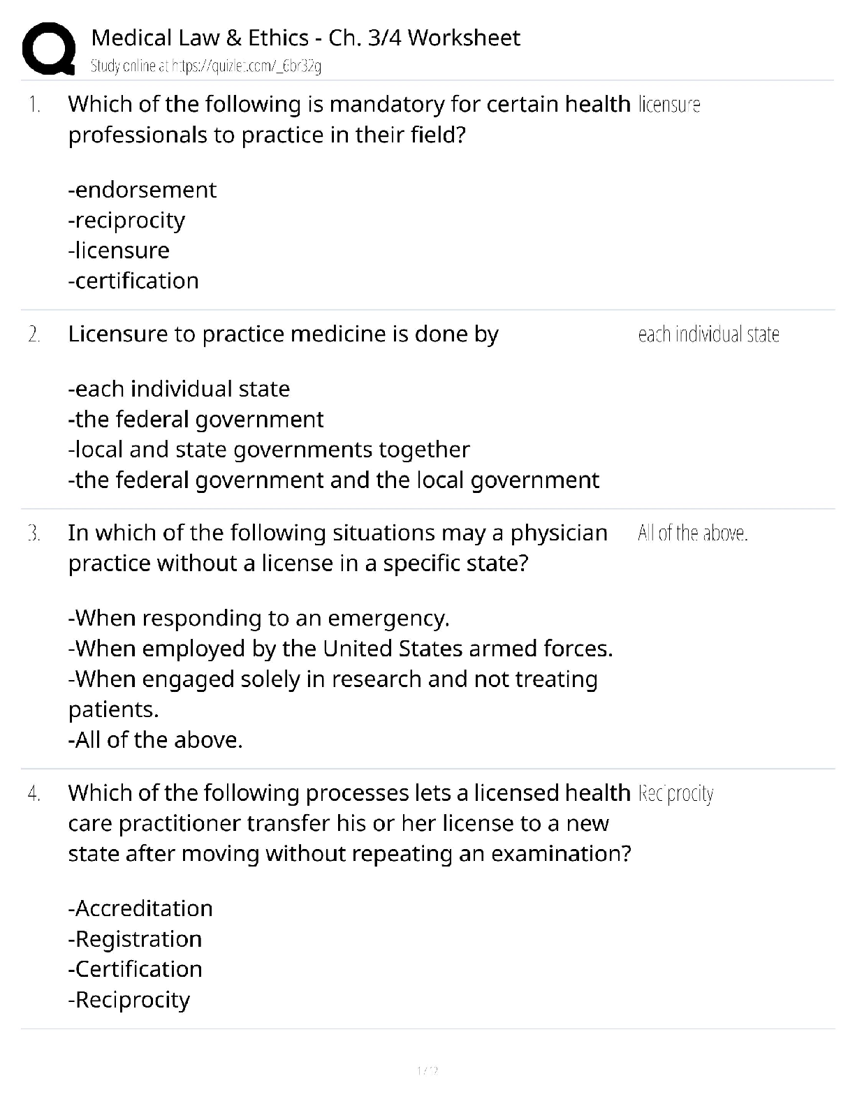 Preview of Medical Law Ethics Worksheet / ALHL 115 Study Guide / Chapters 3-4 / Score 100%