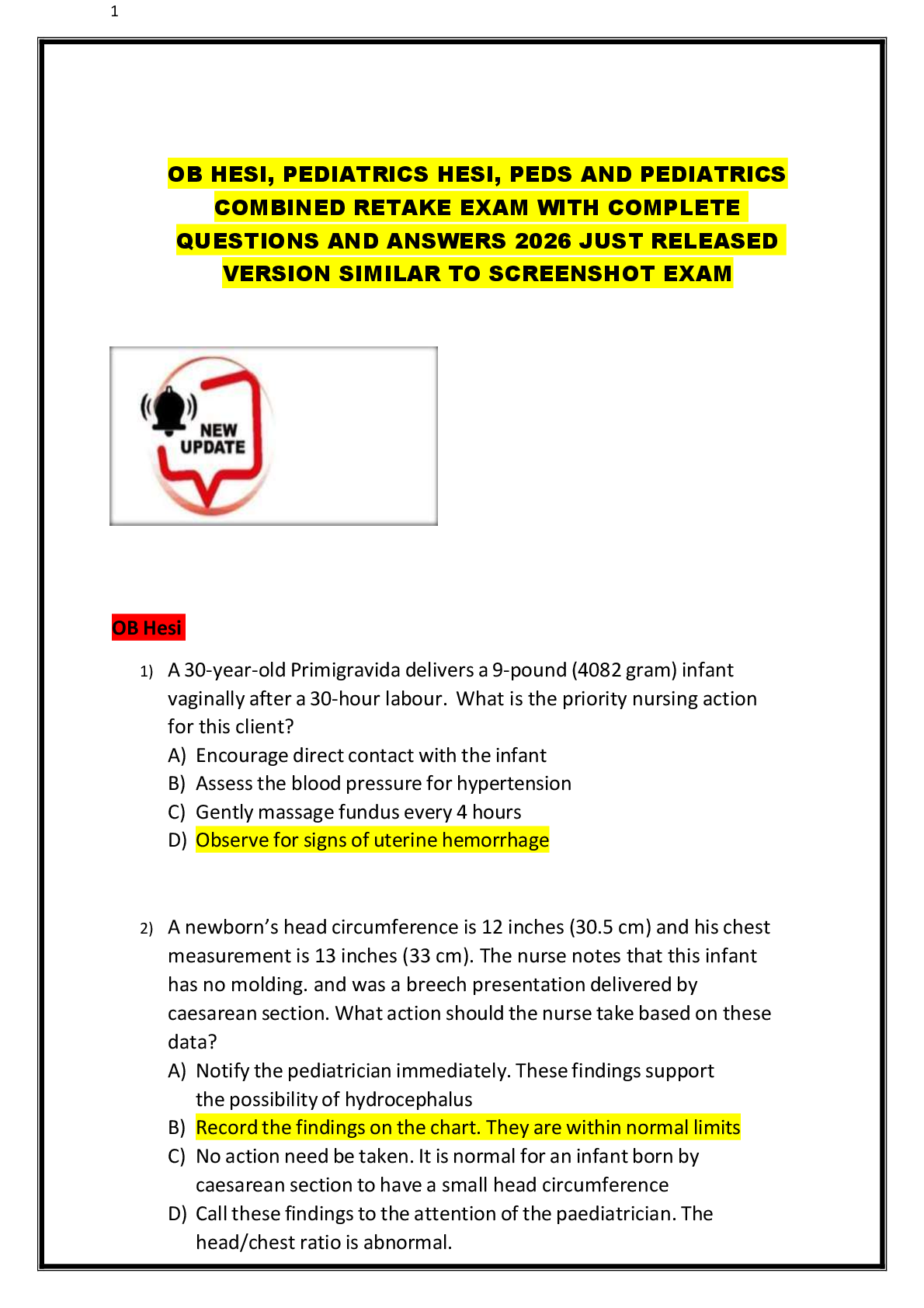 Recommended document preview for OB HESI, PEDIATRICS HESI, PEDS AND PEDIATRICS  COMBINED RETAKE EXAM WITH COMPLETE  QUESTIONS AND ANSWERS 2026 JUST RELEASED  VERSION SIMILAR TO SCREENSHOT EXAM