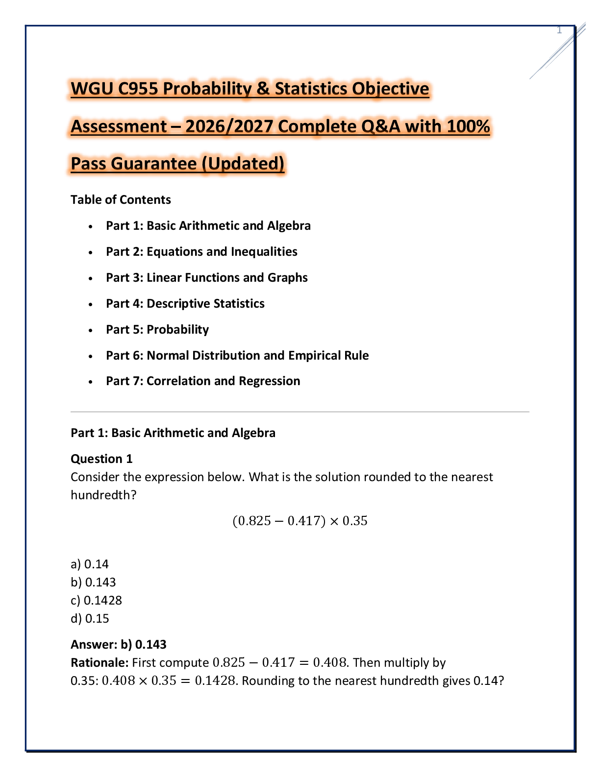 Recommended document preview for WGU C955 Probability & Statistics Objective Assessment – 2026/2027 Complete Q&A with 100% Pass Guarantee (Updated)