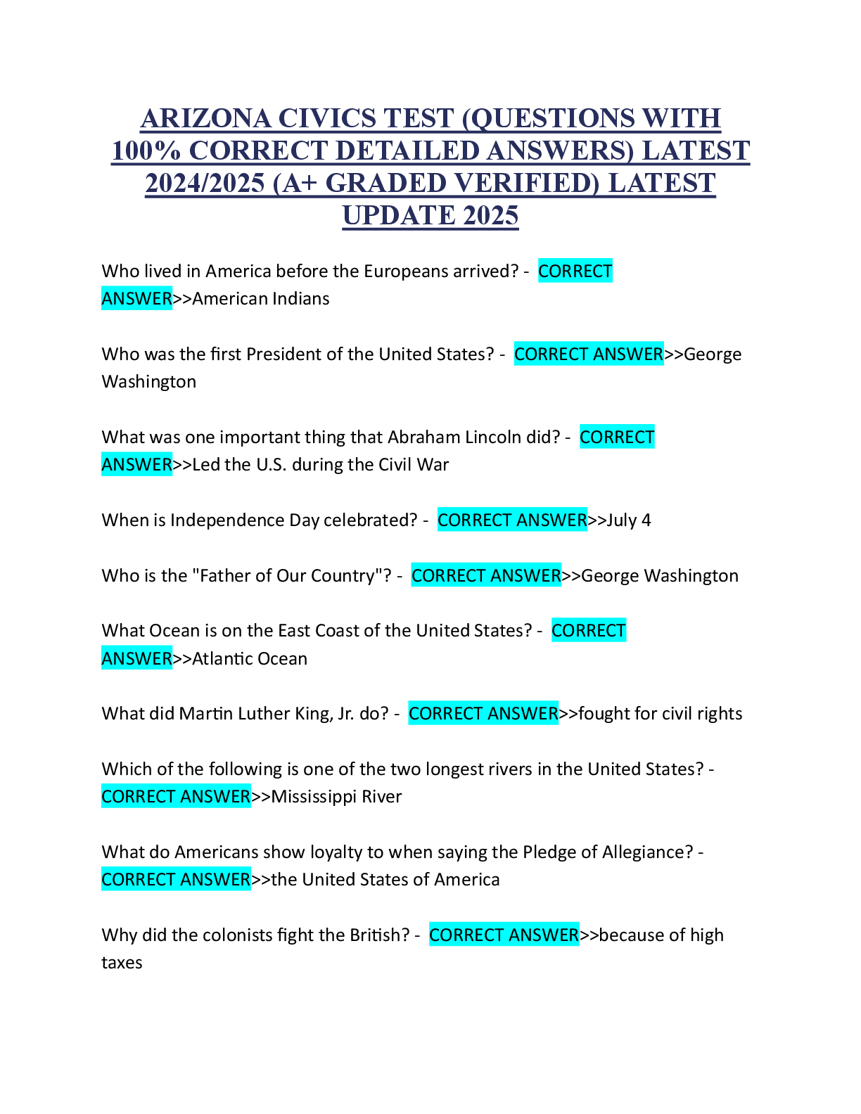 Recommended document preview for ARIZONA CIVICS TEST (QUESTIONS WITH 100% CORRECT DETAILED ANSWERS) LATEST 2024/2025 (A+ GRADED VERIFIED) LATEST UPDATE 2025