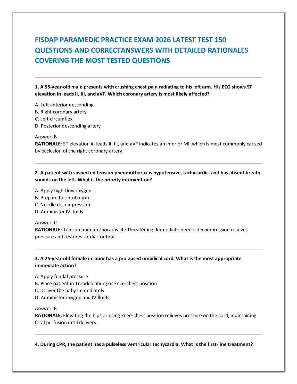 FISDAP PARAMEDIC PRACTICE EXAM 2026 LATEST TEST 150  QUESTIONS AND CORRECTANSWERS WITH DETAILED RATIONALES  COVERING THE MOST TESTED QUESTIONS
