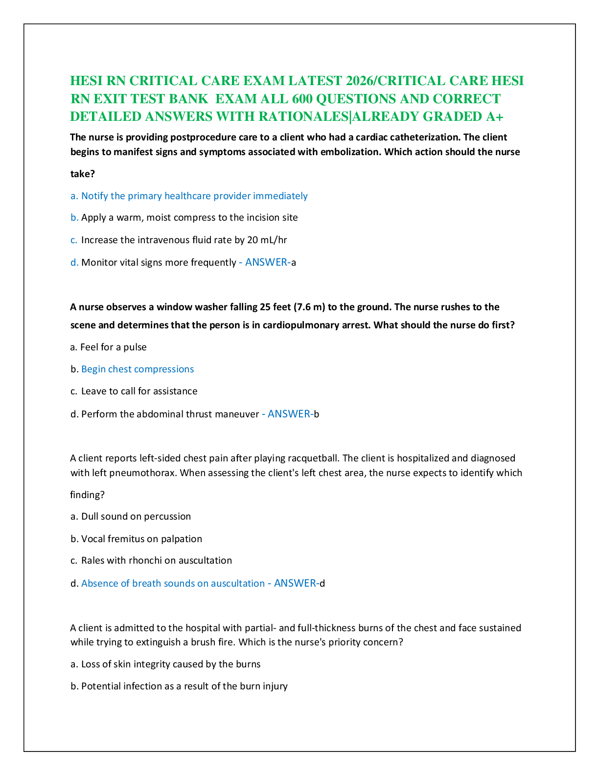 Recommended document preview for HESI RN CRITICAL CARE EXAM LATEST 2026/CRITICAL CARE HESI  RN EXIT TEST BANK  EXAM ALL 600 QUESTIONS AND CORRECT   DETAILED ANSWERS WITH RATIONALES|ALREADY GRADED A+