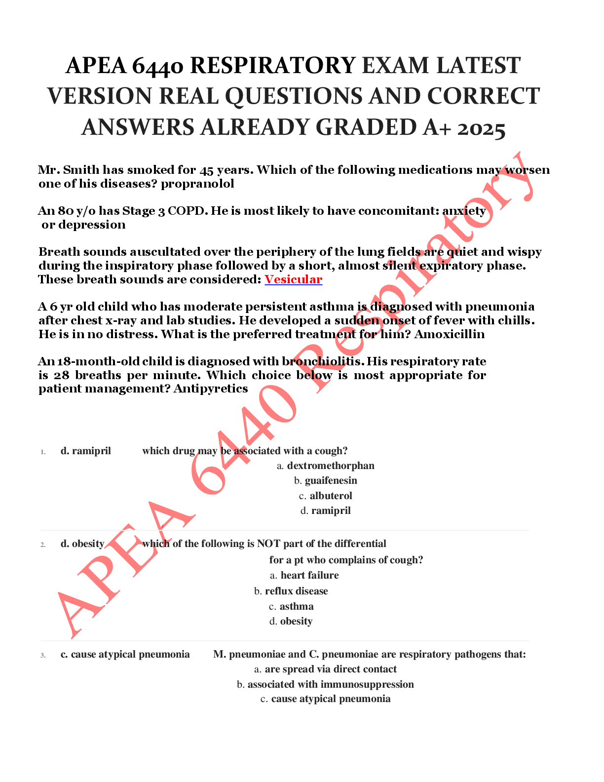 Preview of APEA 6440 RESPIRATORY EXAM LATEST VERSION REAL QUESTIONS AND CORRECT ANSWERS ALREADY GRADE