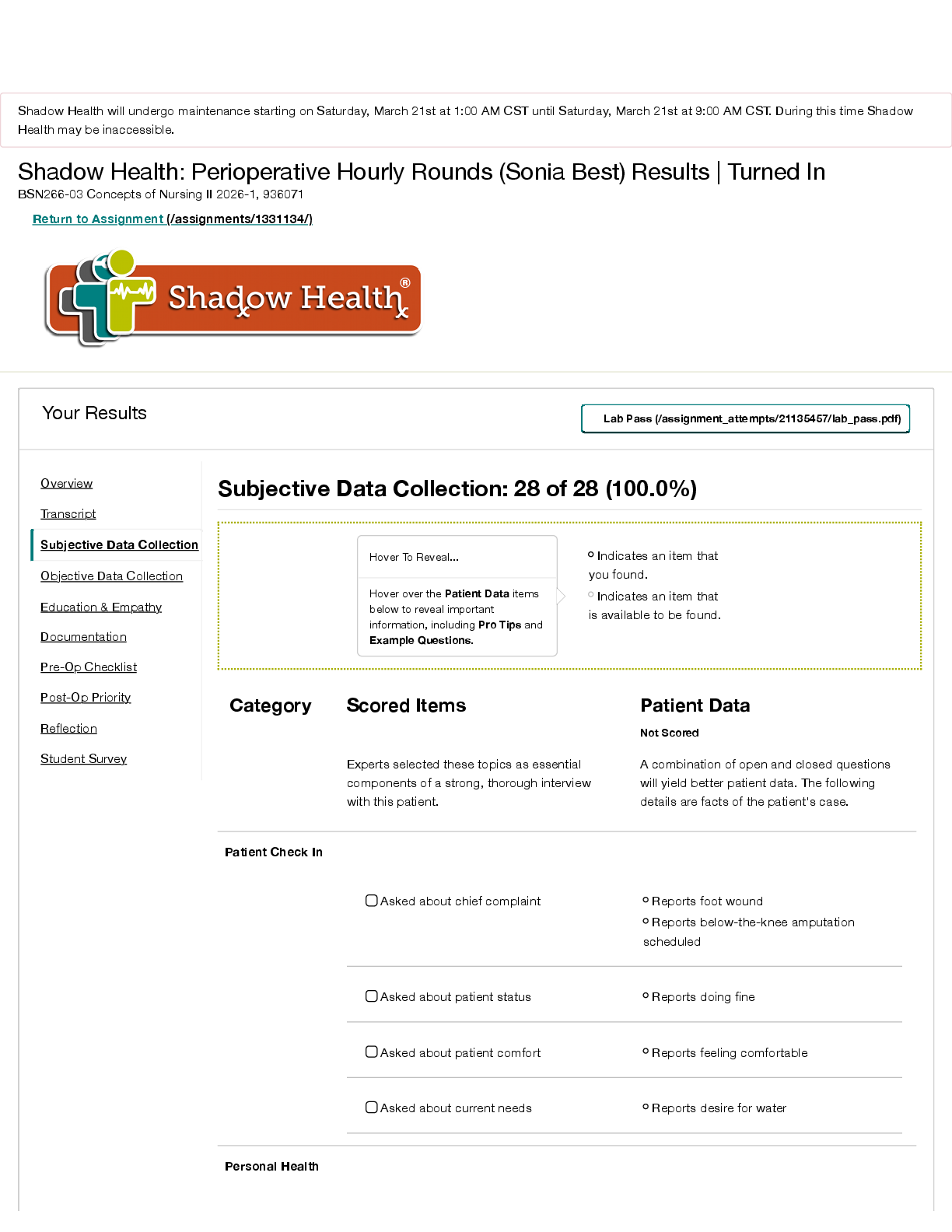 Recommended document preview for Shadow Health: Perioperative Hourly Rounds (Sonia Best) Results | Turned In BSN266-03 Concepts of Nursing II 2026-1, 936071| Answered Complete Graded and Revised.
