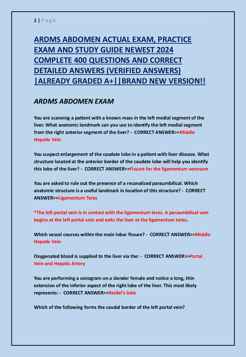 Preview of ARDMS Abdomen MOCK EXAM LATEST REAL EXAM 350 QUESTIONS AND CORRECT ANSWERS|AGRADE