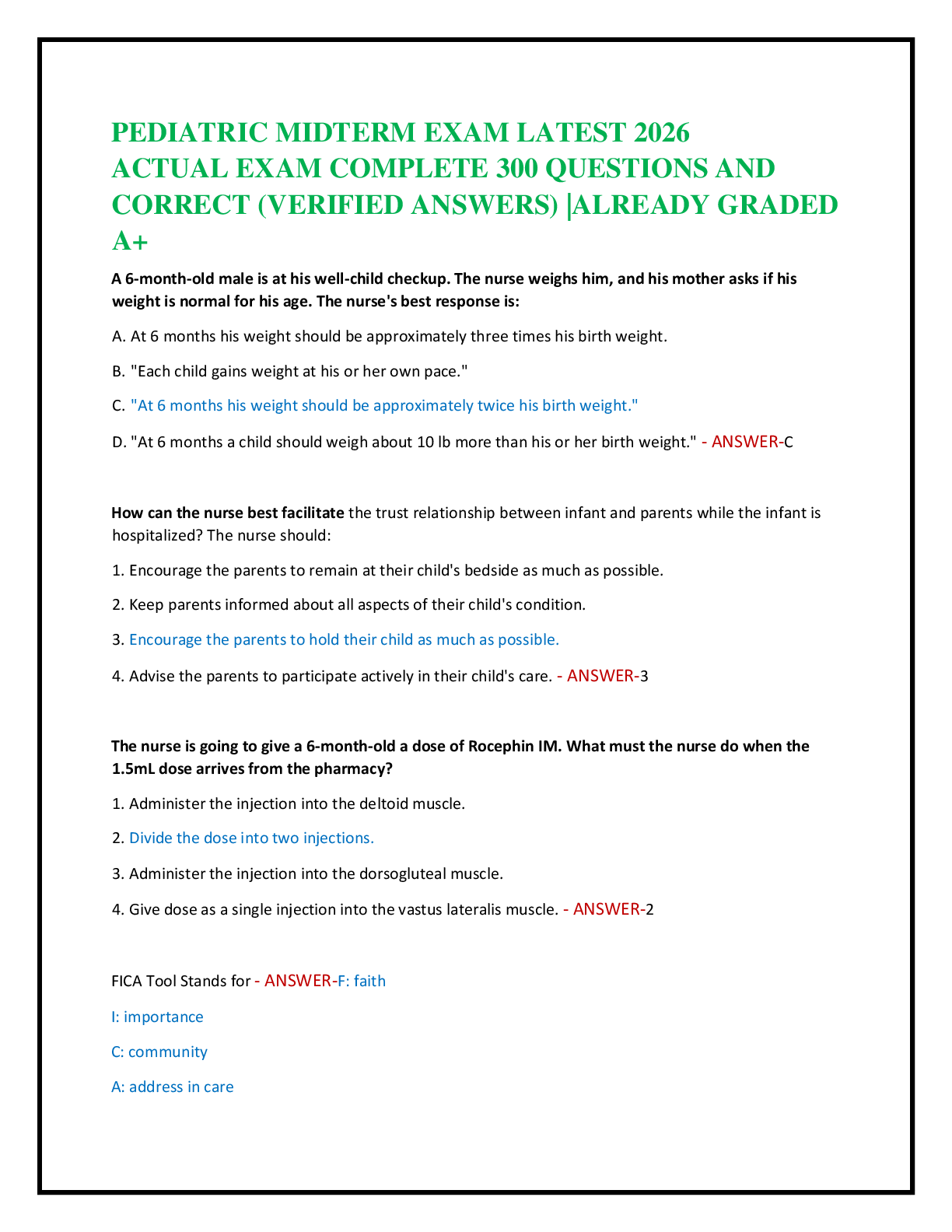 PEDIATRIC MIDTERM EXAM LATEST 2026   ACTUAL EXAM COMPLETE 300 QUESTIONS AND   CORRECT (VERIFIED ANSWERS) |ALREADY GRADED  A+