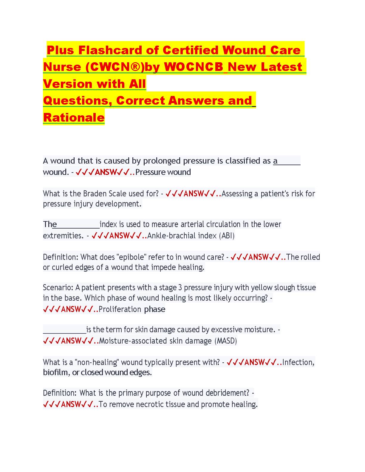 Preview image for Plus Flashcard of Certified Wound Care  Nurse (CWCN®)by WOCNCB New Latest  Version with All  Questions, Correct Answers and  Rationale